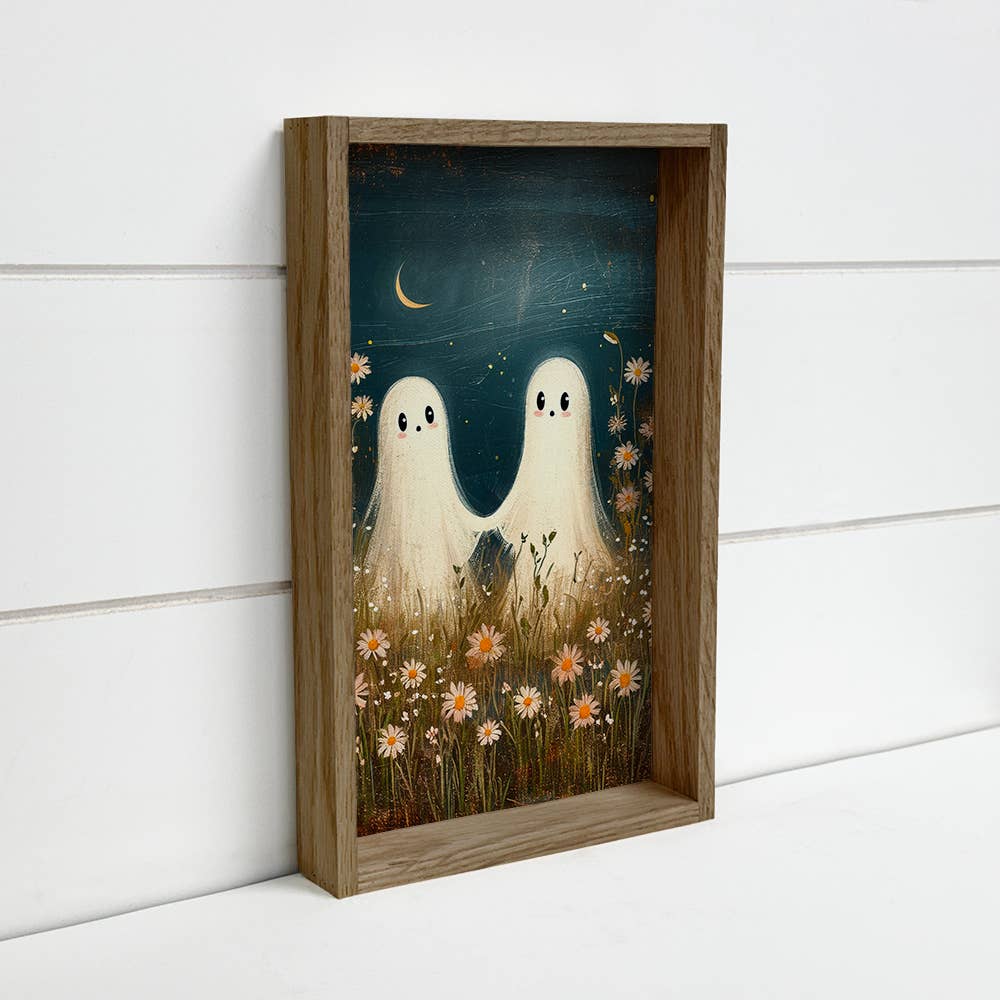 Two Cute Ghosts Holding Hands in Flowers - Halloween Artwork