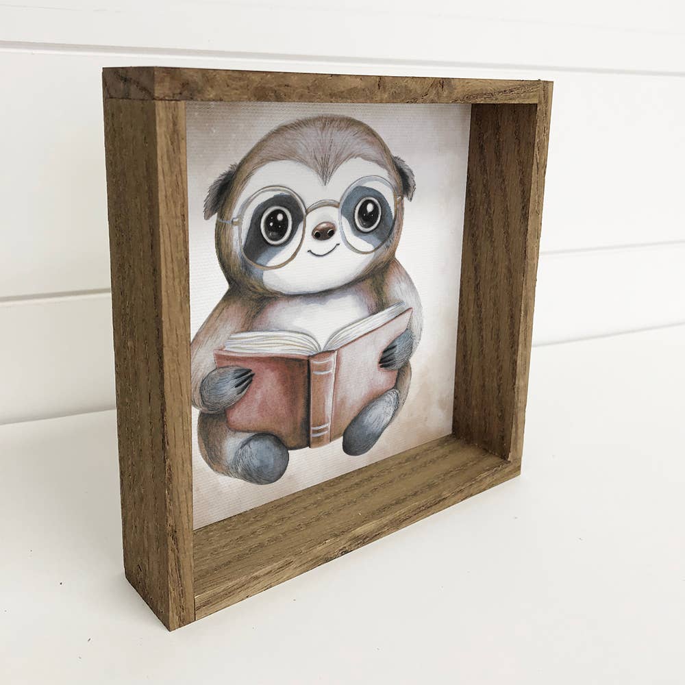 Sloth Reading Book - Cute Sloth Canvas Art - Wood Framed Art