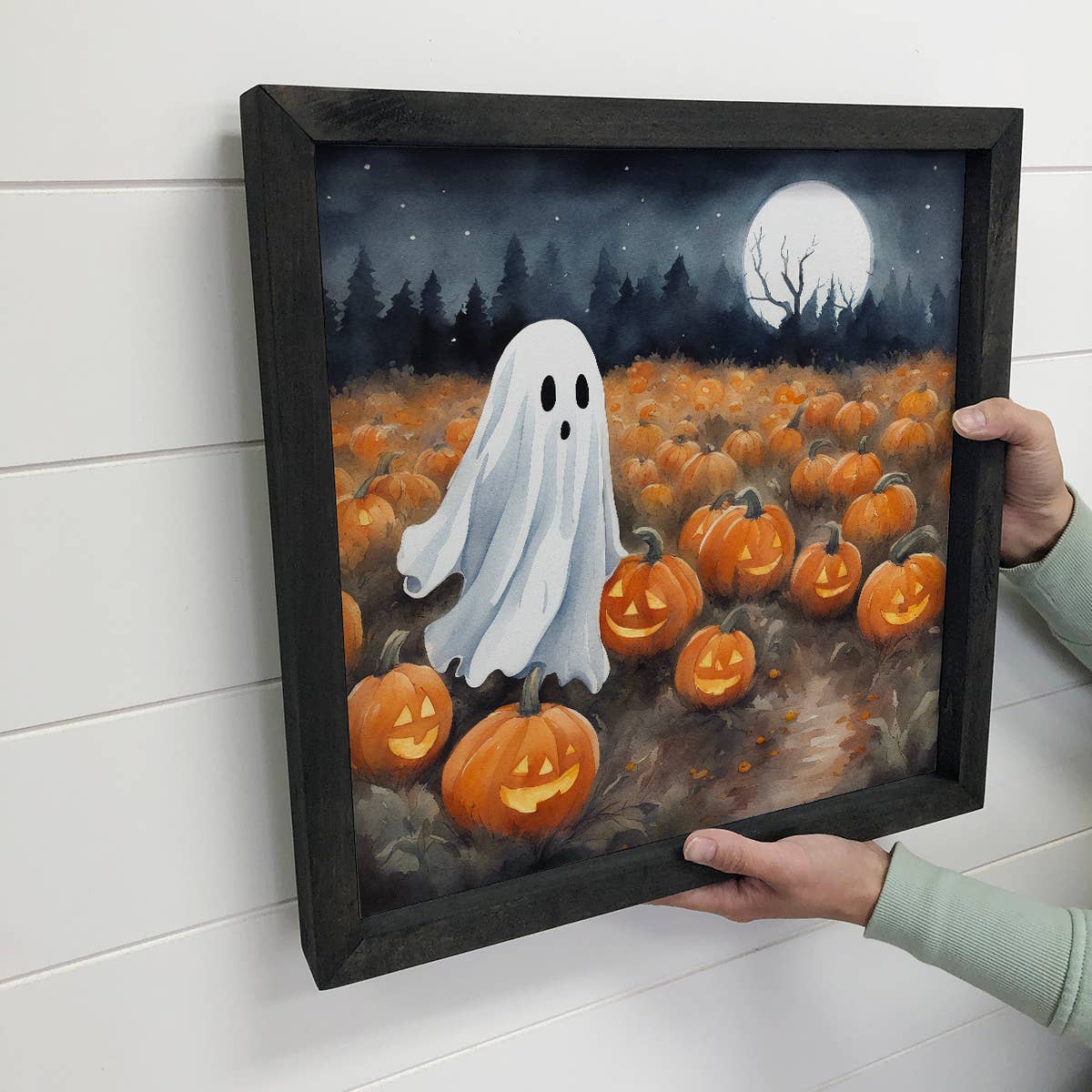 Cute Ghost Pumpkin Patch - Halloween Canvas Art - Framed Art