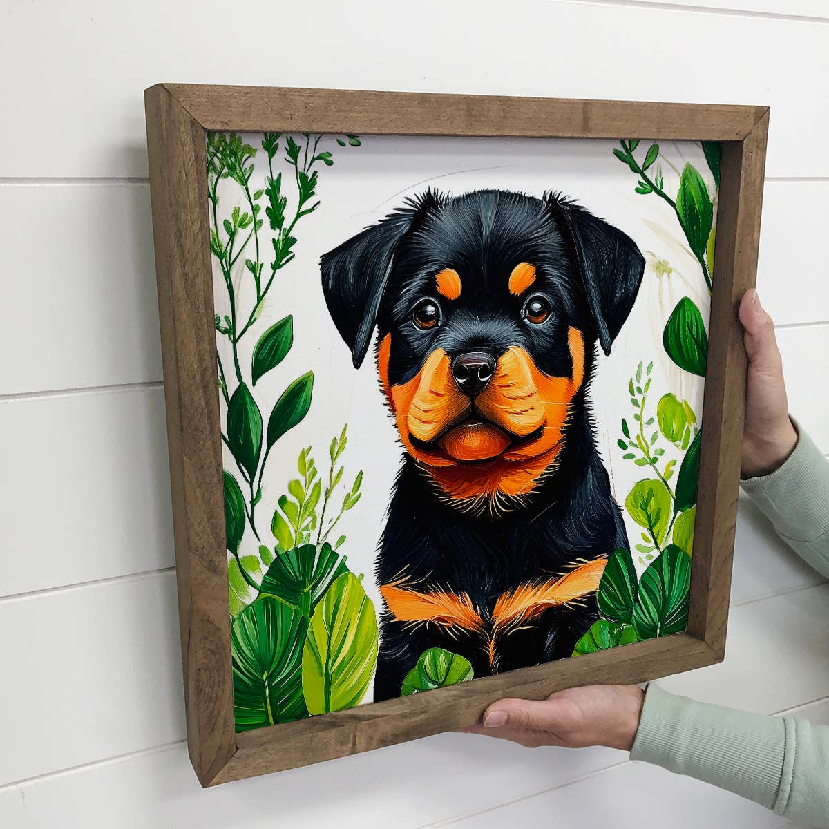 Rottweiler Pup and Leaves - Dog and Plants Canvas Art