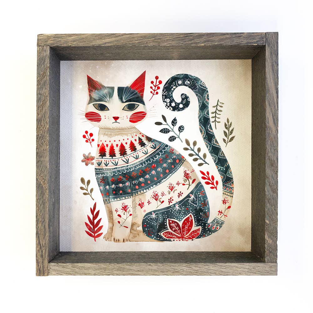 Scandi Watercolor Winter Cat - Winter Canvas Art - Framed