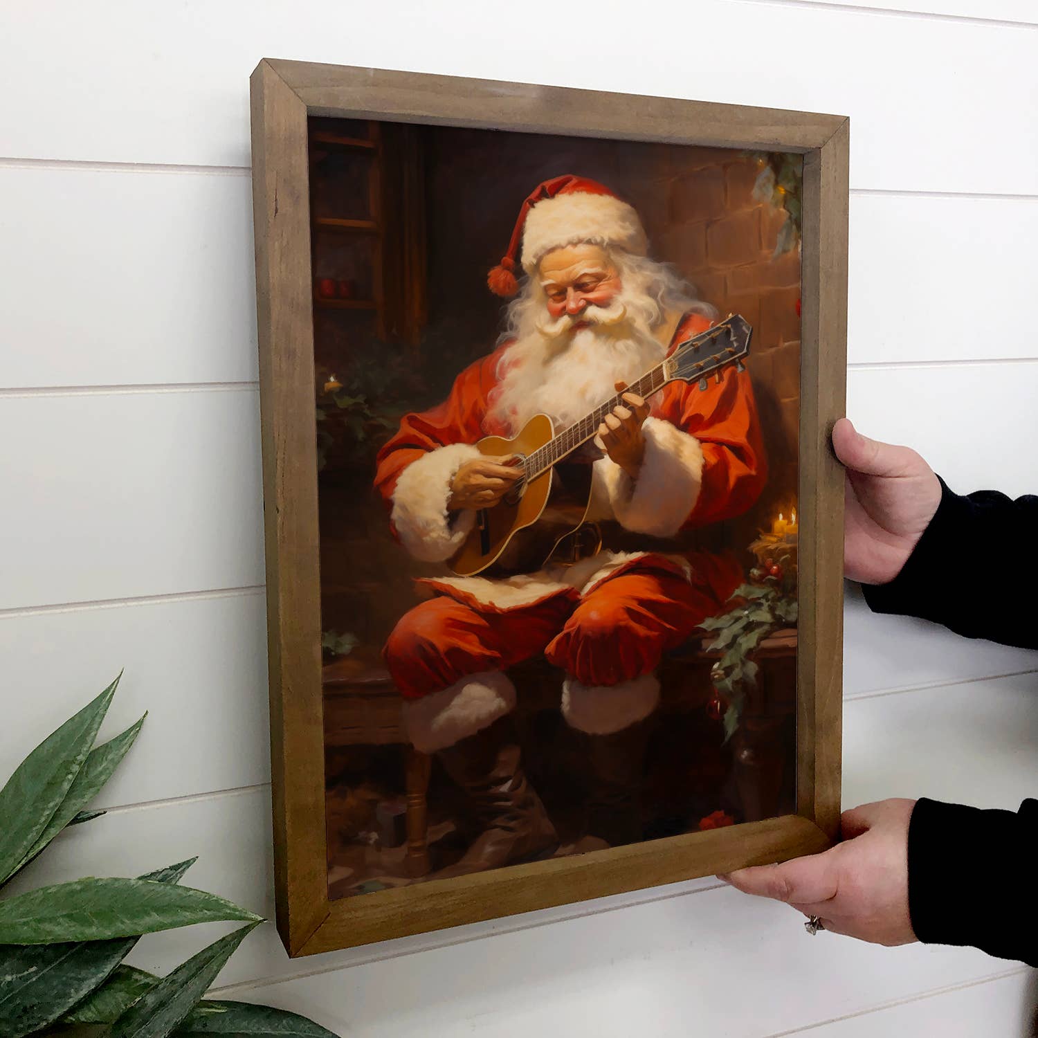 Santa Playing Guitar Painting - Christmas Canvas Art - Frame