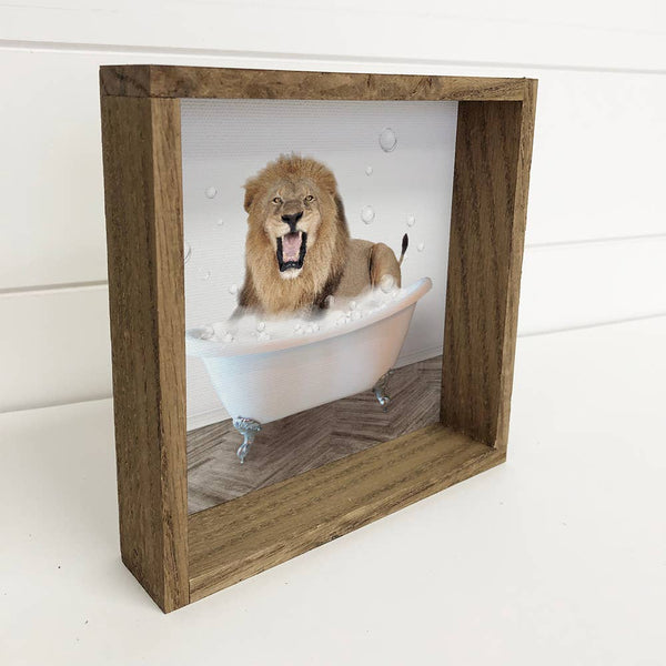 Lion taking a Bath Wood Framed Sign - Funny Kids Animal Art