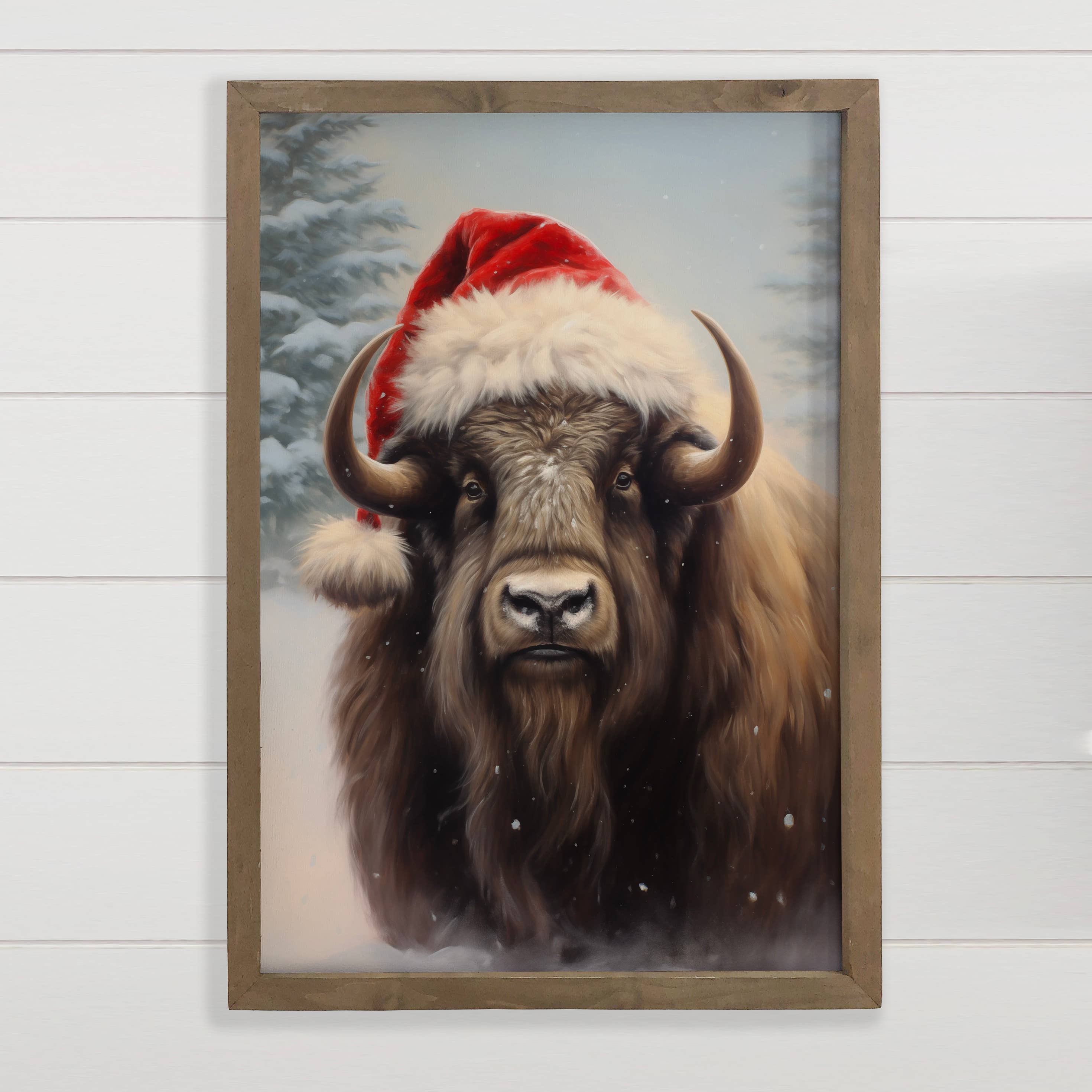 Christmas Bison Santa Hat - Animal Christmas Canvas Art