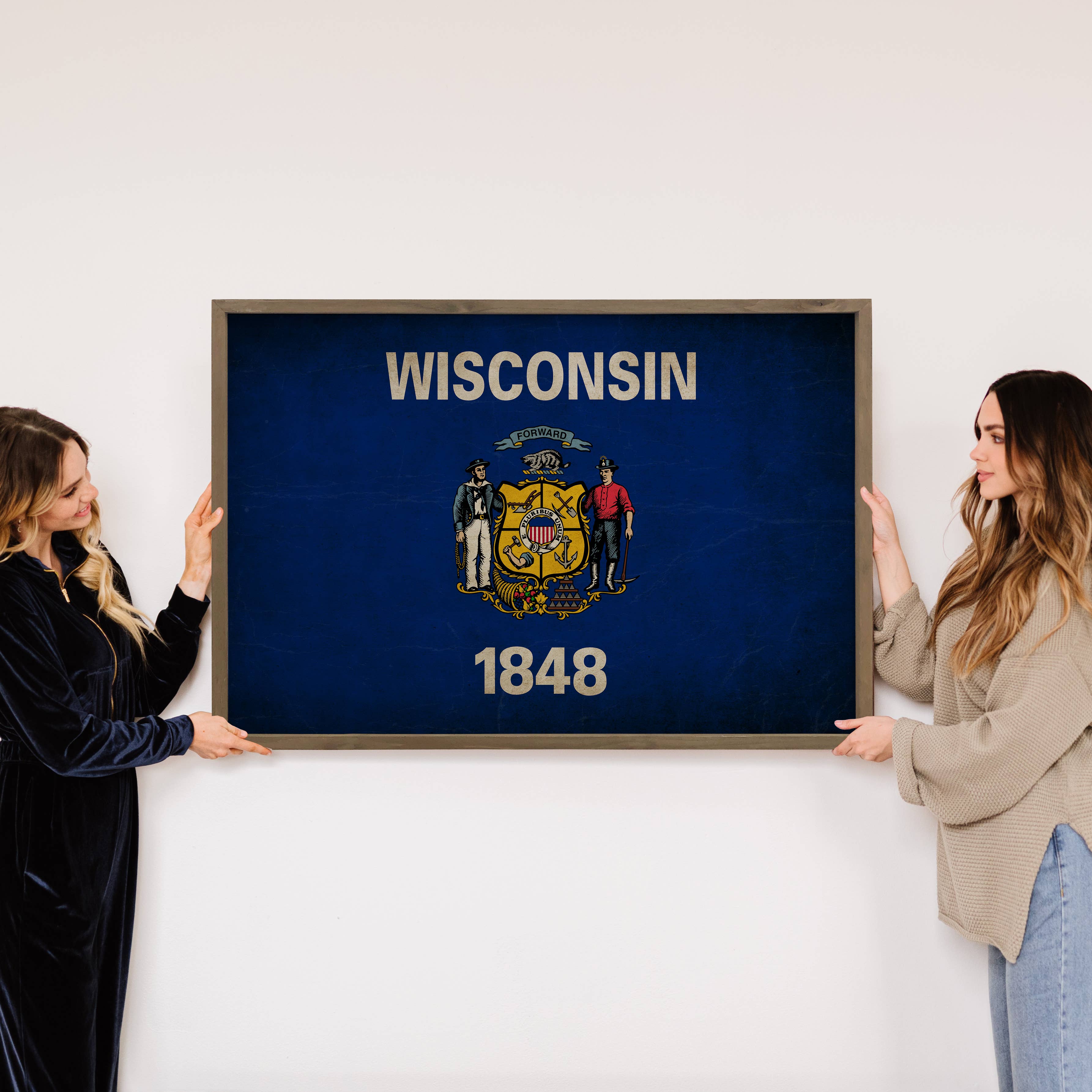 Wisconsin Vintage Flag - Sate Flag Canvas Art - Wood Framed