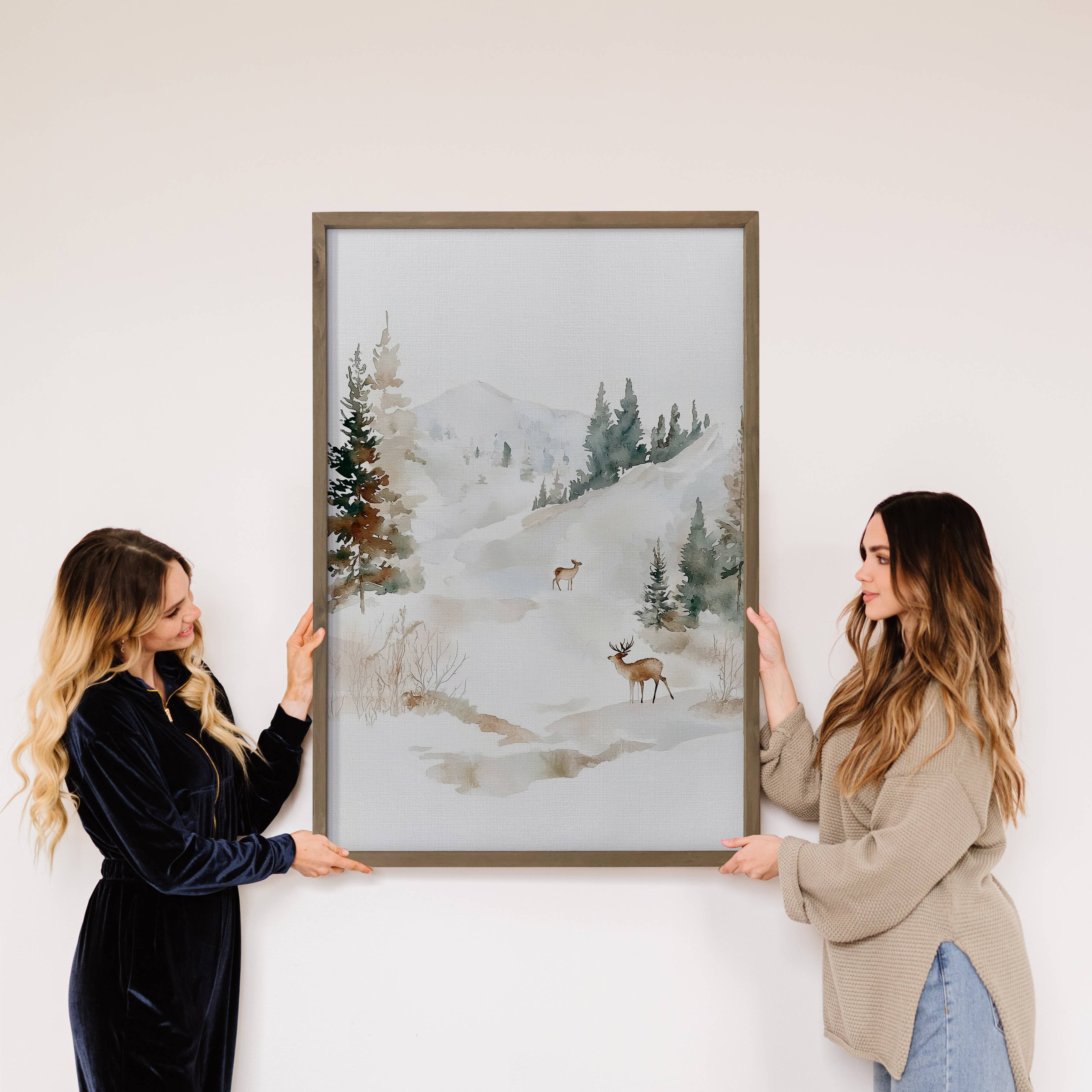 Winter Snow White Deer - Winter Canvas Art - Wood Framed Art