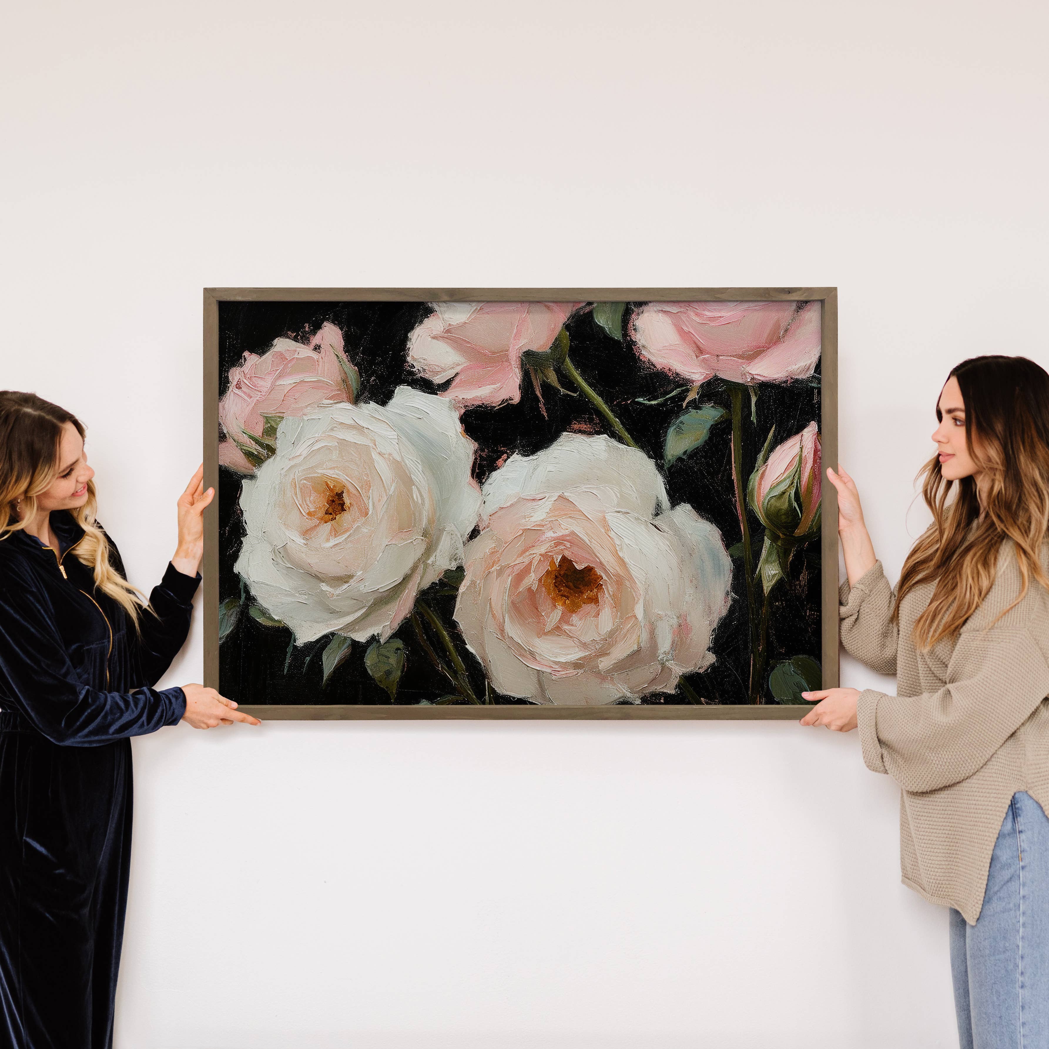 Soft Pink Roses on Black - Rose Flower Canvas Art - Framed