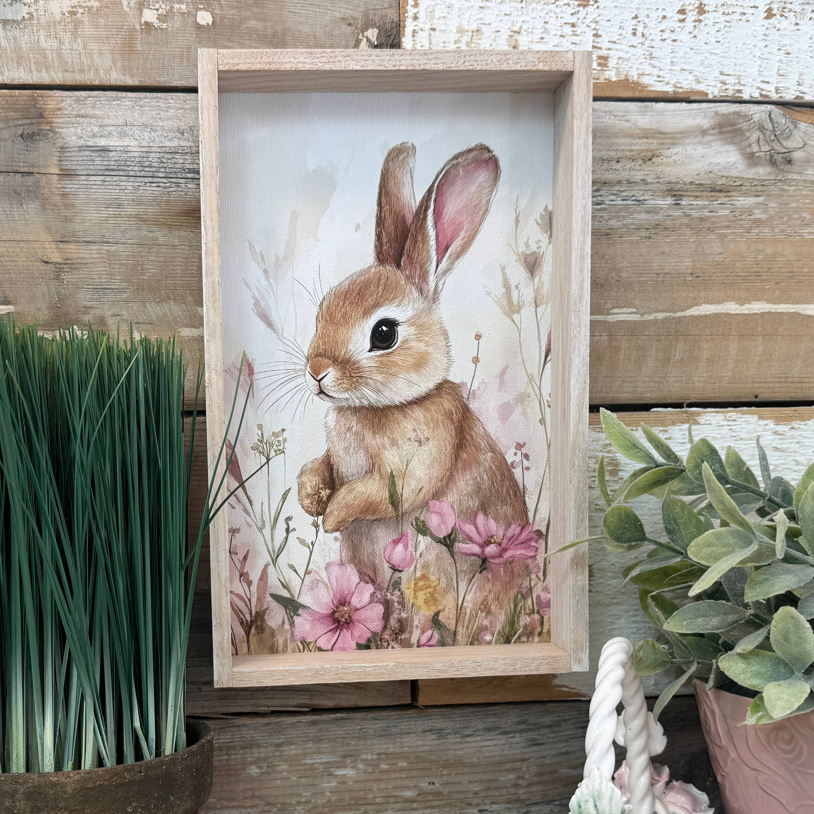 Sweet Brown Bunny Pink Flowers - Bunny Canvas Art - Framed