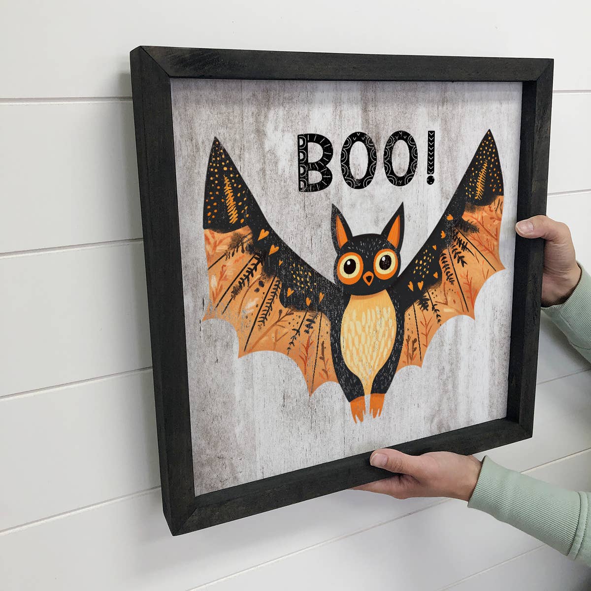 Folk Halloween Boo Bat - Halloween Canvas Art - Wood Framed