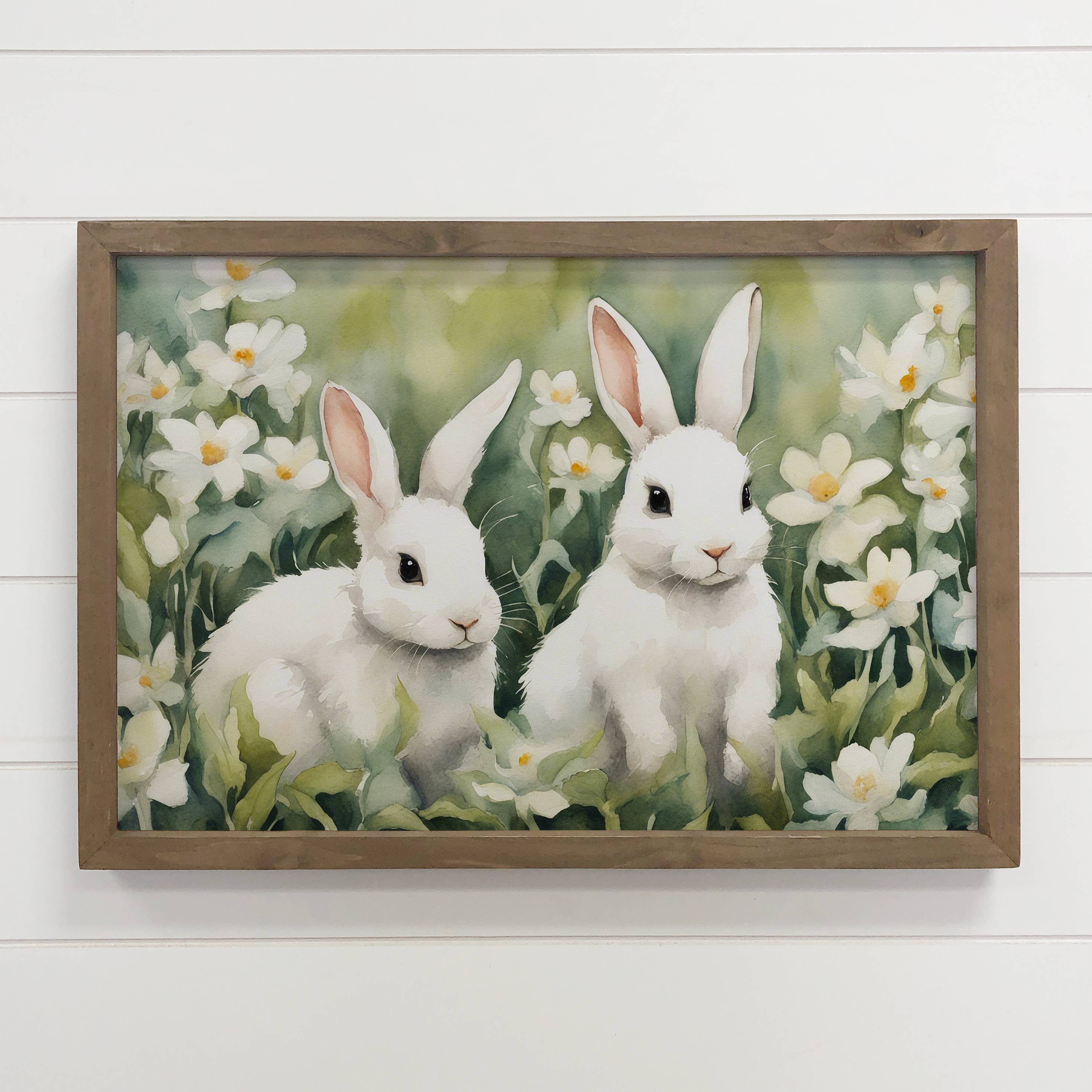 White Bunnies with White Flowers - Sweet Bunny Canvas Art