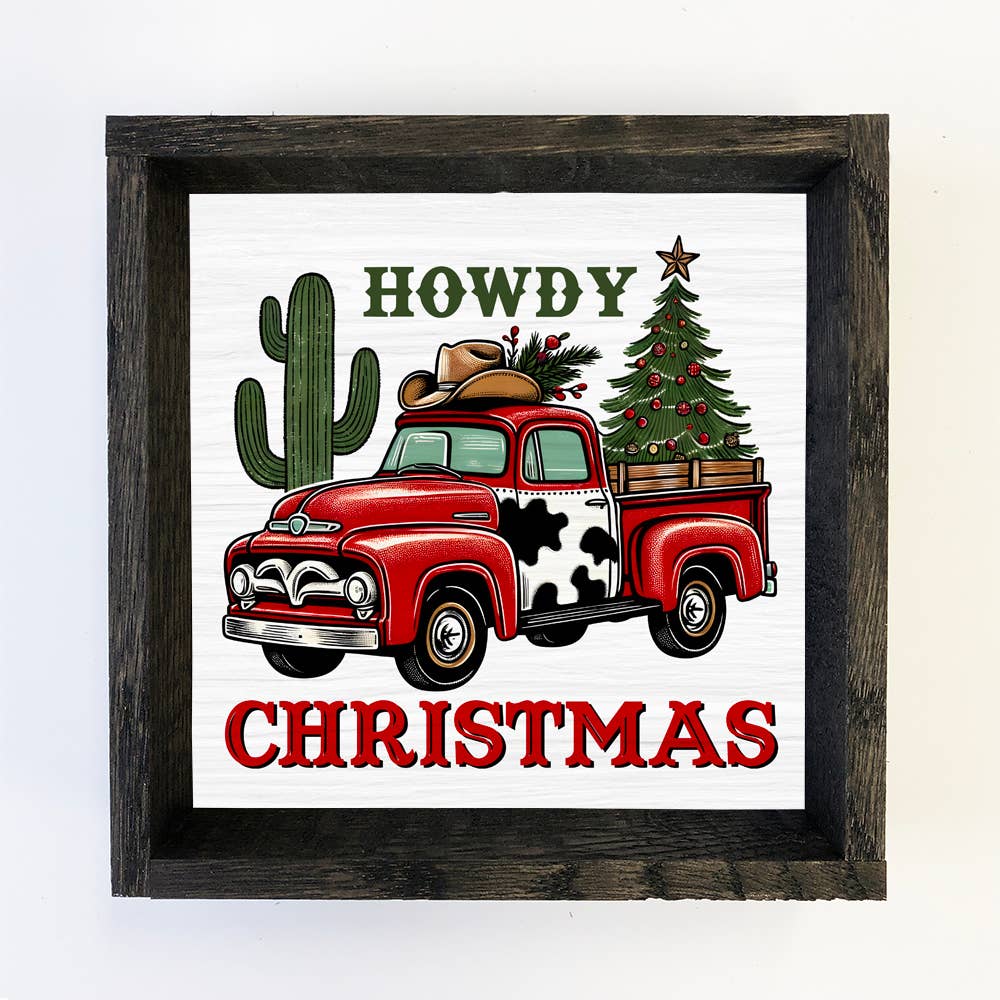 Howdy Christmas Cow Print Truck - Christmas Canvas Wall Art