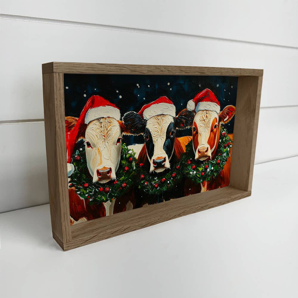 Three Christmas Cows - Christmas Canvas Art - Wood Framed