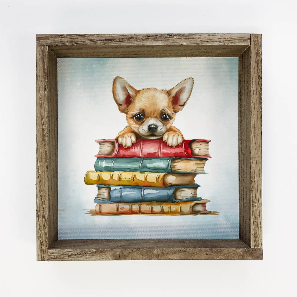 Chihuahua Puppy Books - Cute Puppy Canvas Art - Wood Framed
