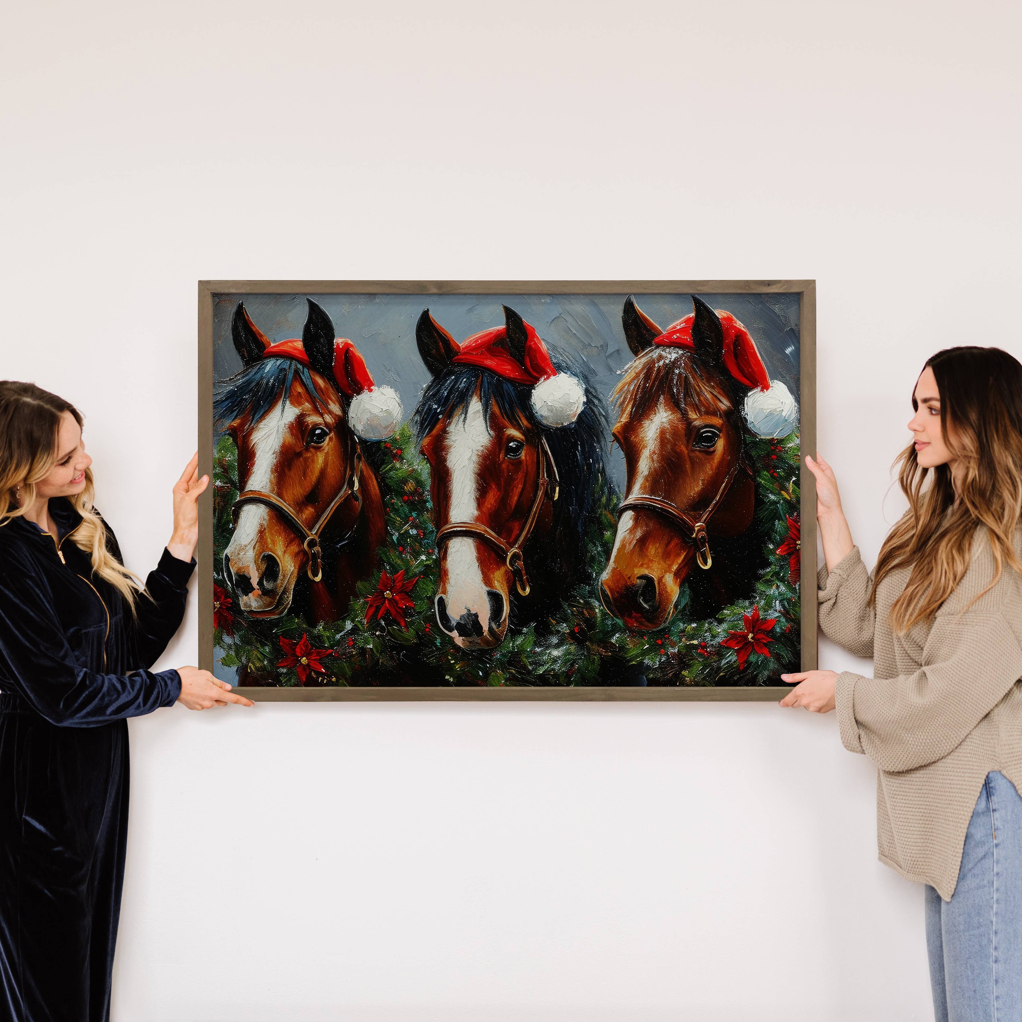 Three Christmas Horses - Christmas Canvas Art - Wood Framed