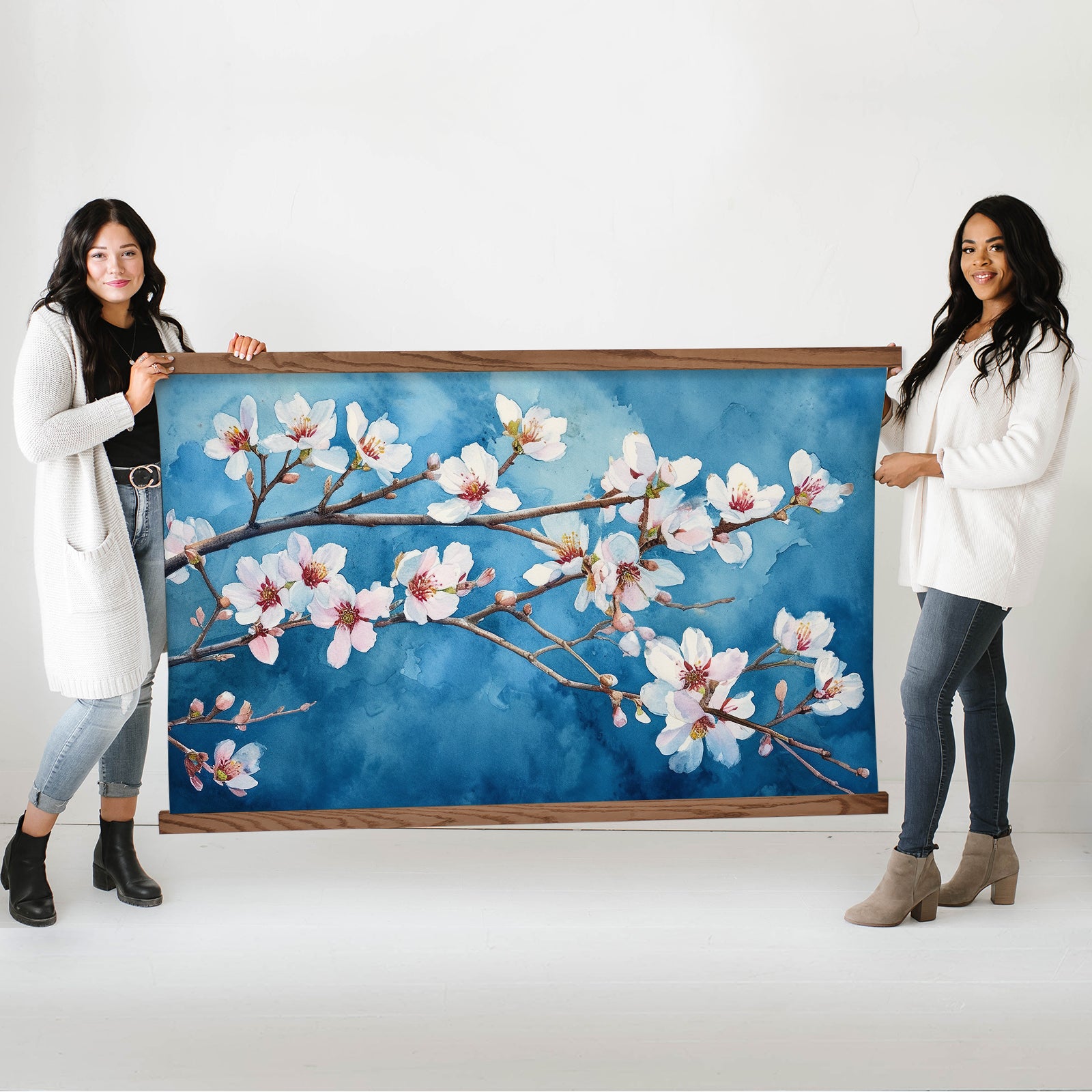 Almond Blossoms on Blue Watercolor - Flower Canvas Wall Art