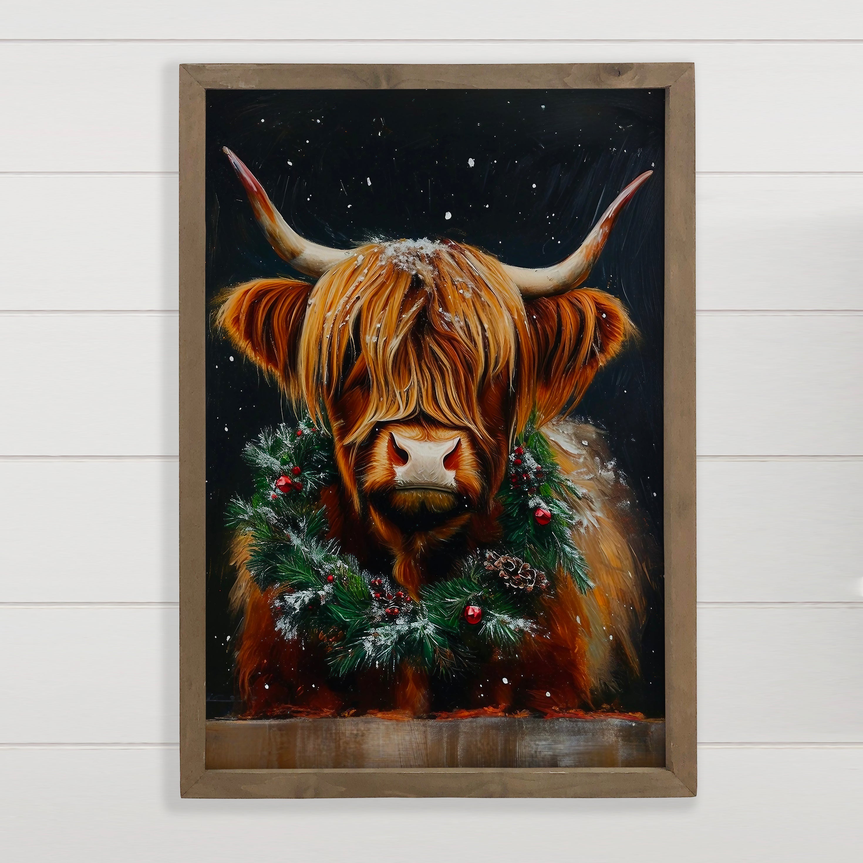 Christmas Long Haired Highland Cow - Christmas Canvas Art