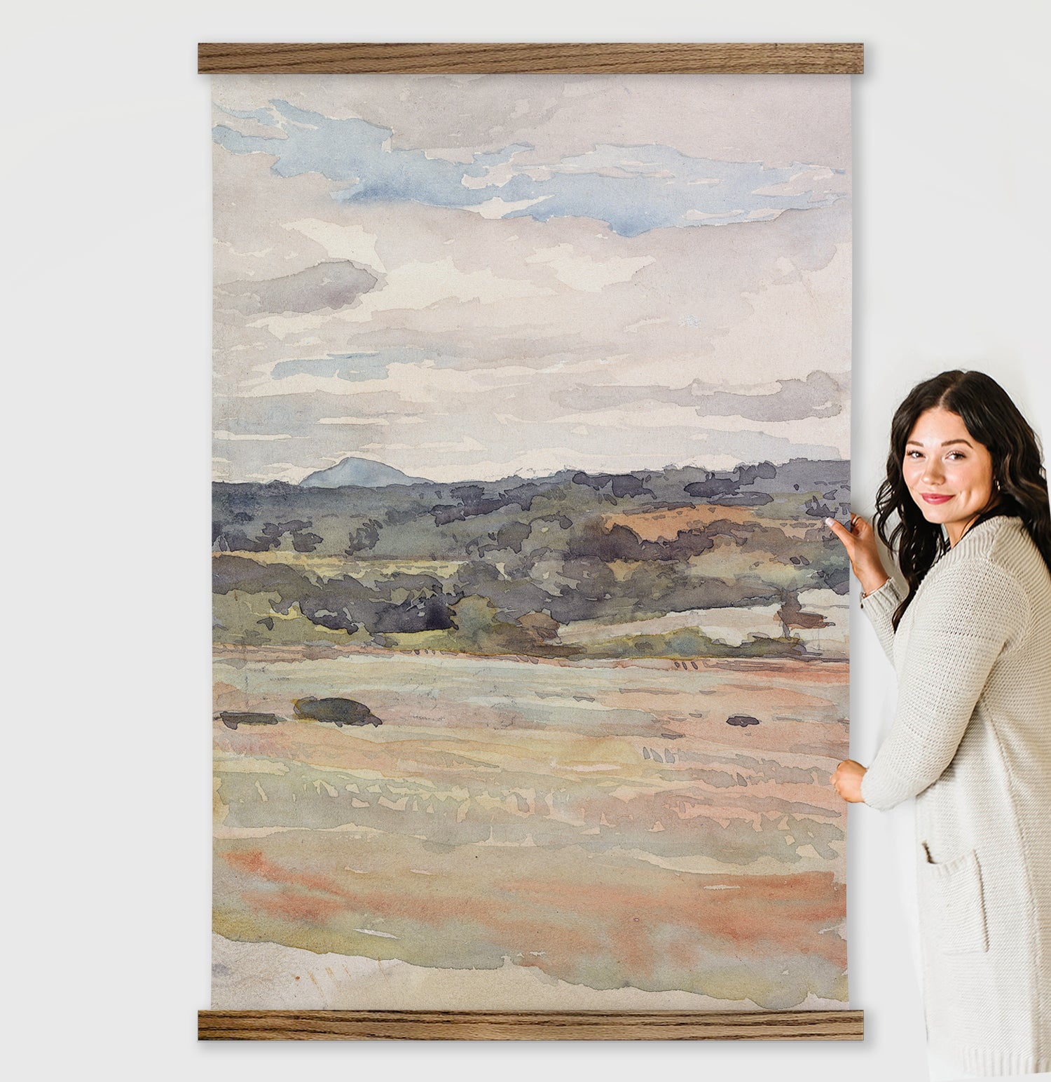 Extra Large Wall Art- Field Landscape Watercolor- Watercolor Canvas Wall Hanging
