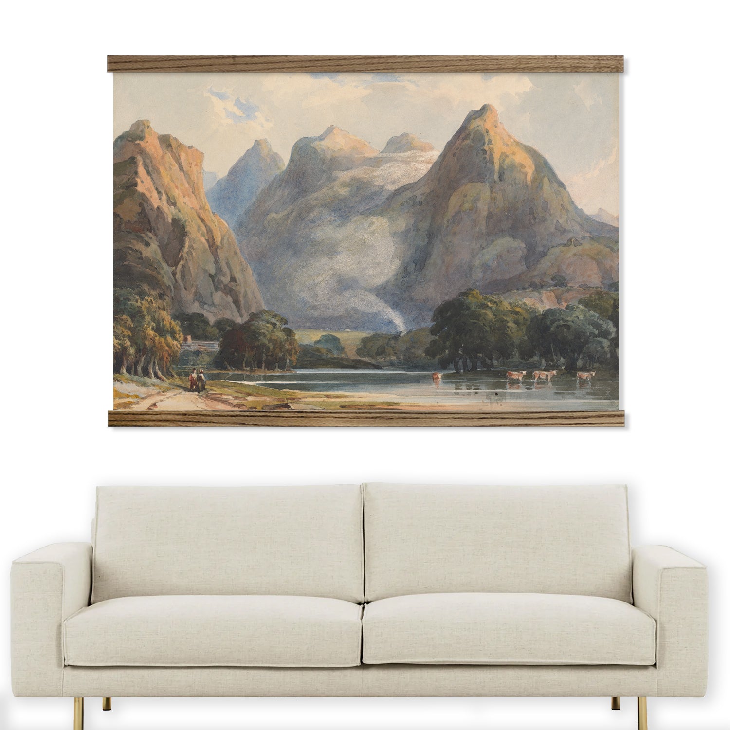 Extra Large Wall Art- Mountain Stream Cows- Framed Canvas Large Wall Art