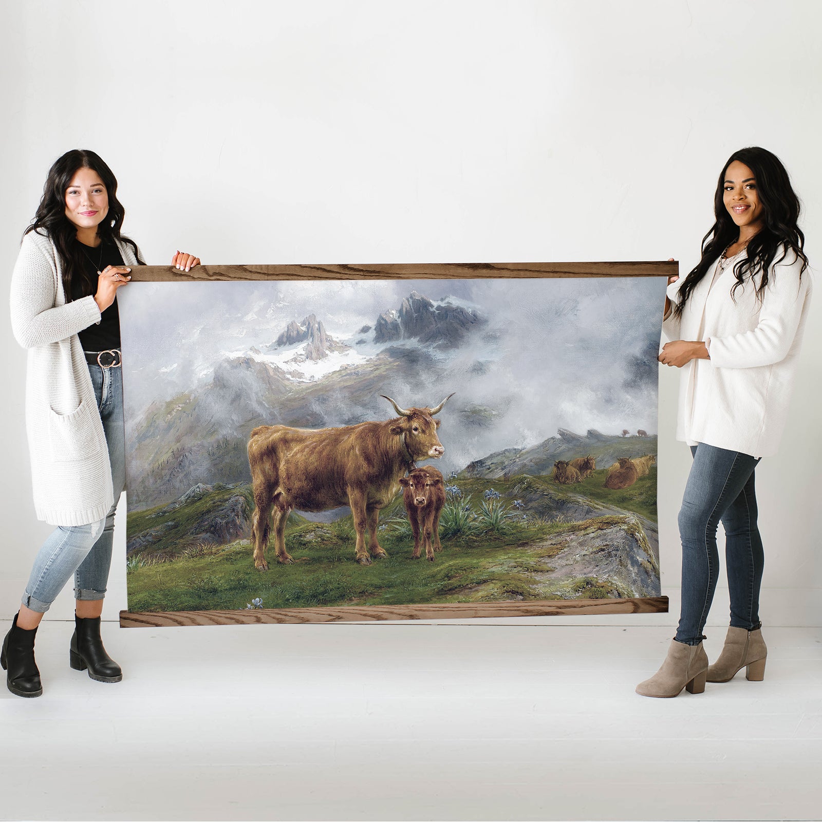 Large Canvas Print- Vintage Mountain Cows- Farmhouse Tapestry
