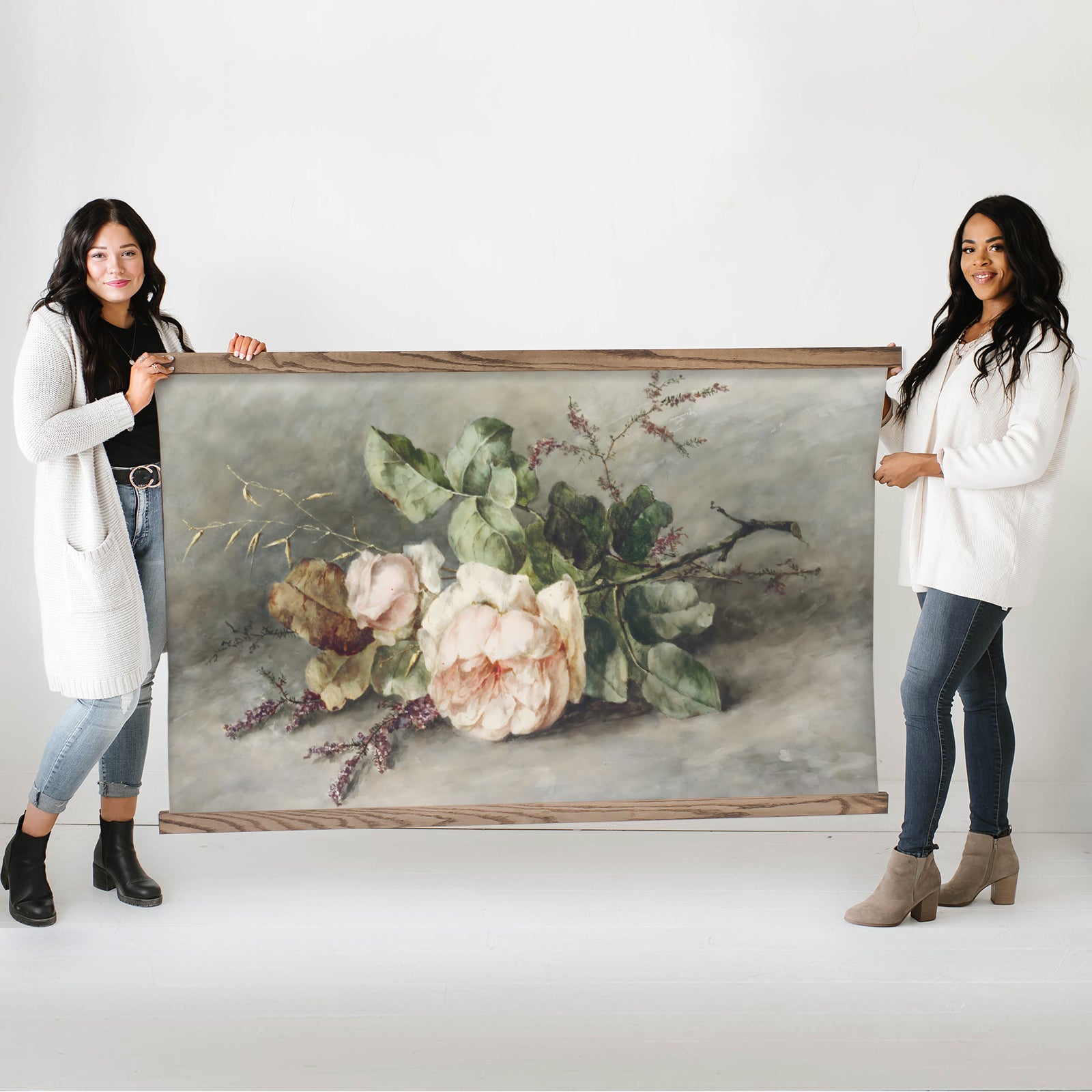 Vintage Roses Large Canvas Tapestry with Wood Frame