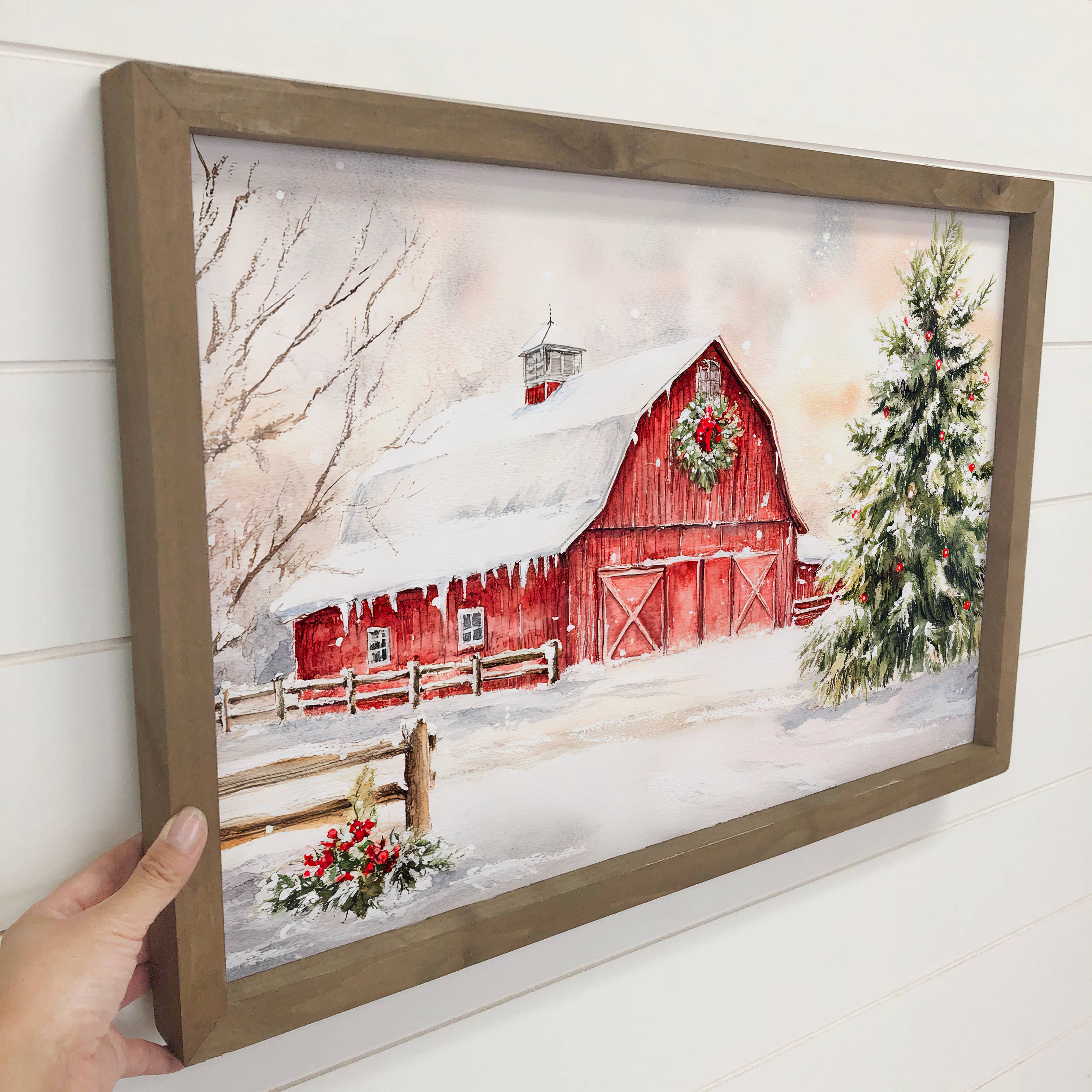 Christmas Red Barn in Snow - Farmhouse Christmas Wall Art
