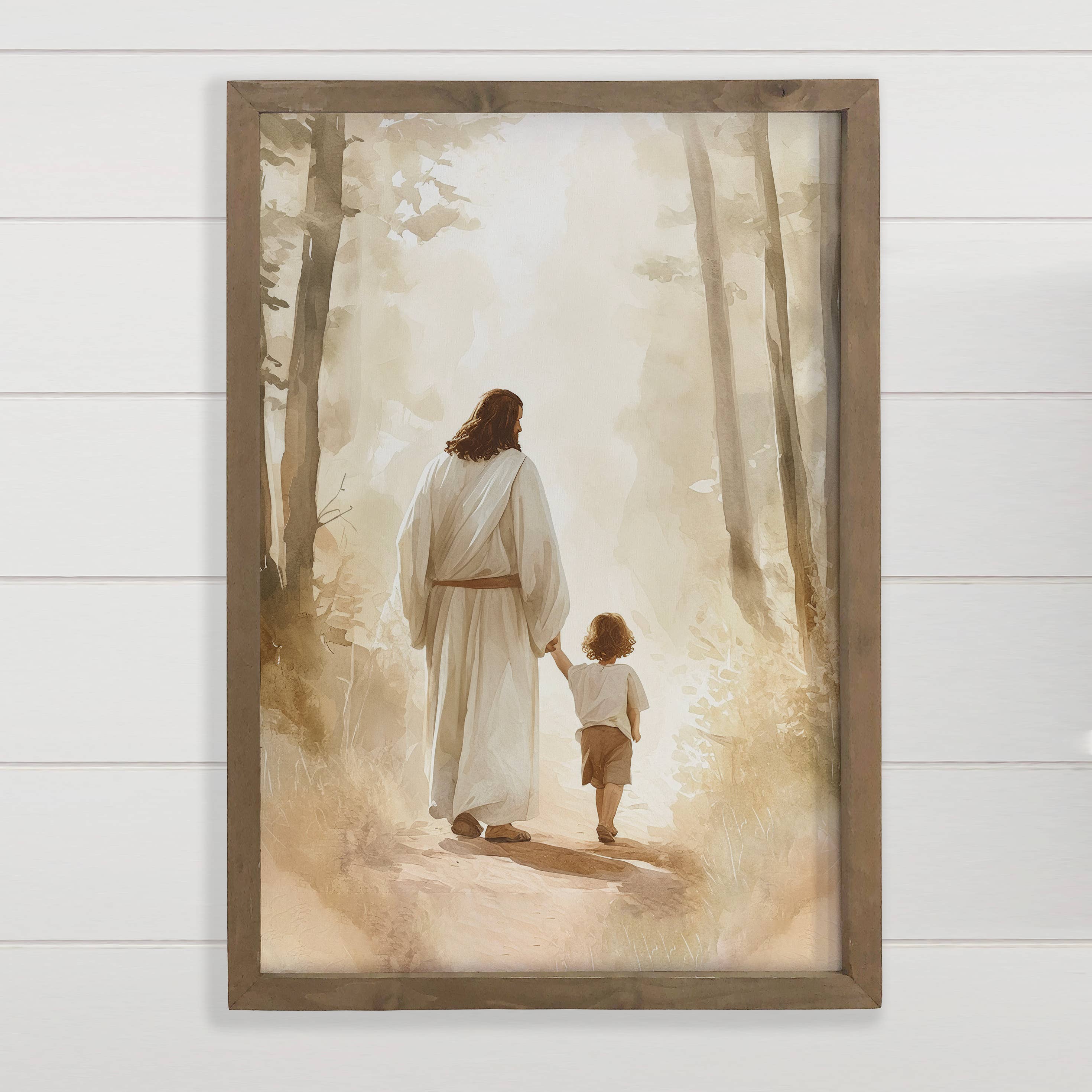 Jesus Walking with Curly Haired Boy - Jesus Canvas Art