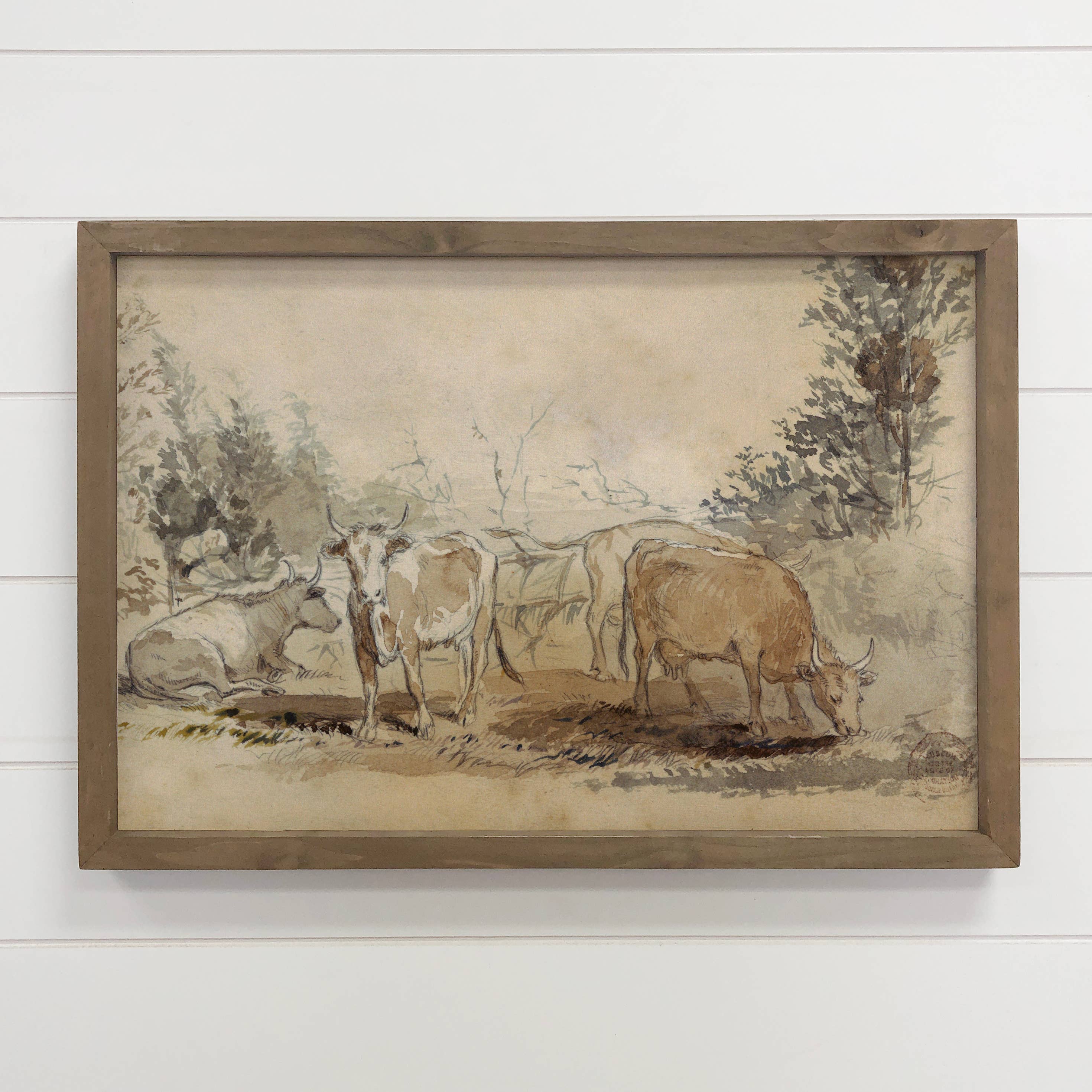 Cows Sketch Antique Watercolor - Cow Canvas Art - Wood Frame