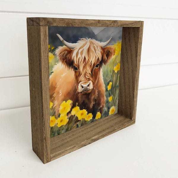 Highland Cow Daffodils - Highland Cow Canvas Art -  Framed