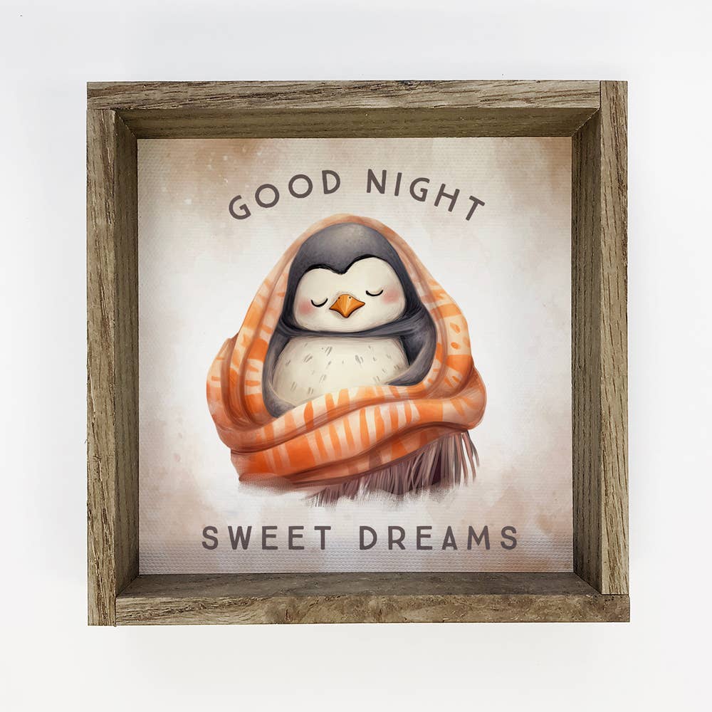 Good Night Penguin in Blanket - Cute Animal Nursery Wall Art