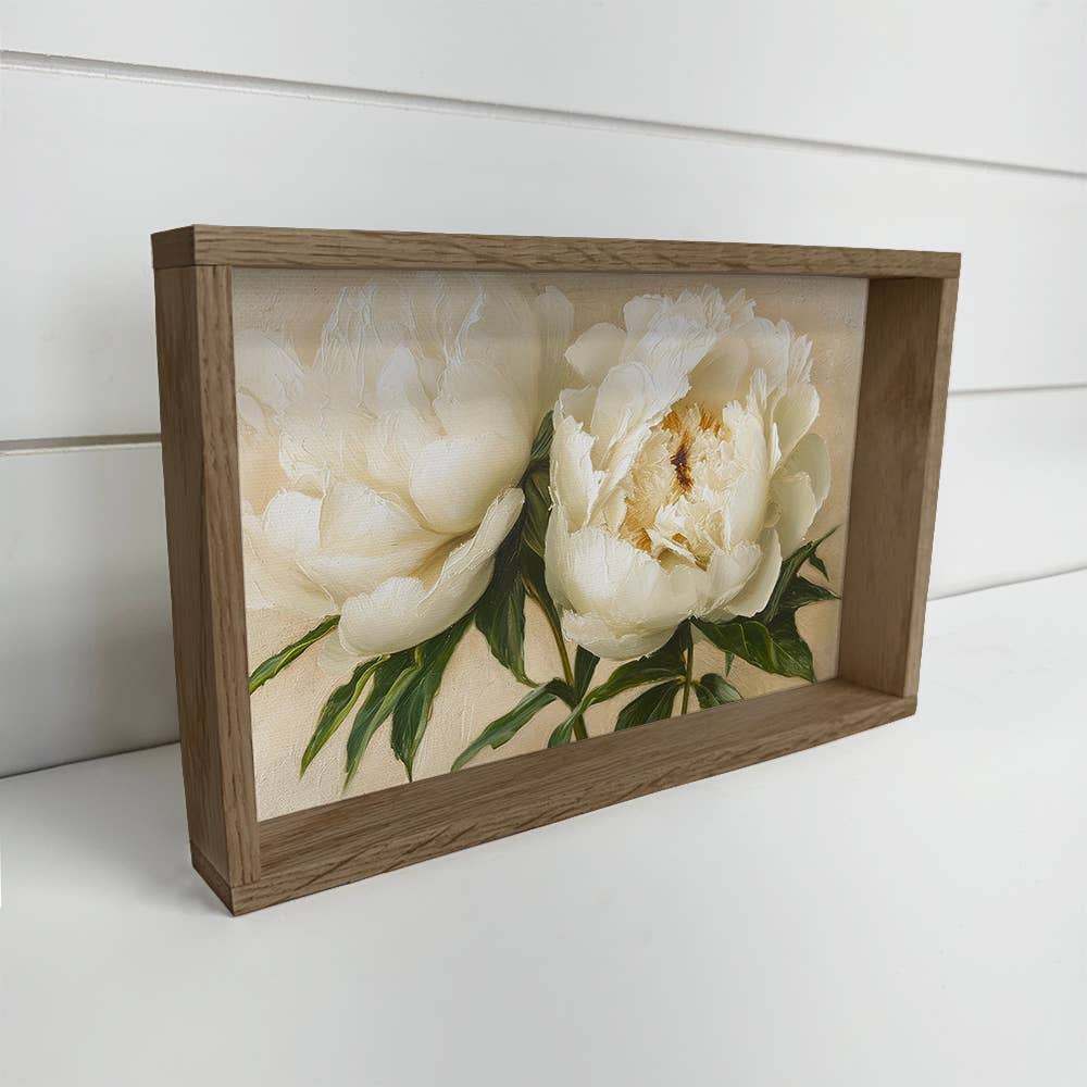 White Cream Peonies Wall Art Print with Wood Frame