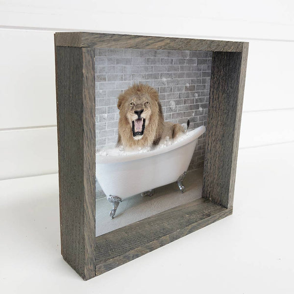 Funny Bathroom Lion in a Bathtub Greywash Wood Frame