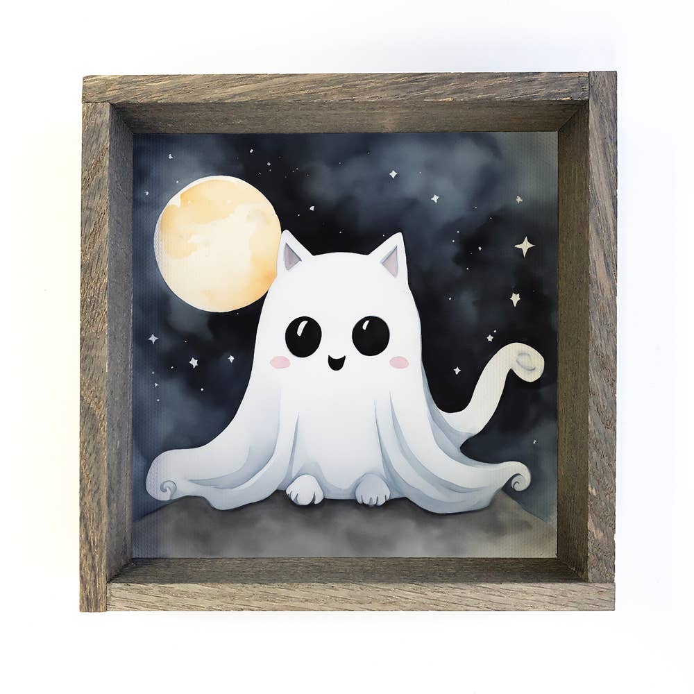 Cute Ghost Cat - Halloween Canvas Art - Wood Framed Artwork