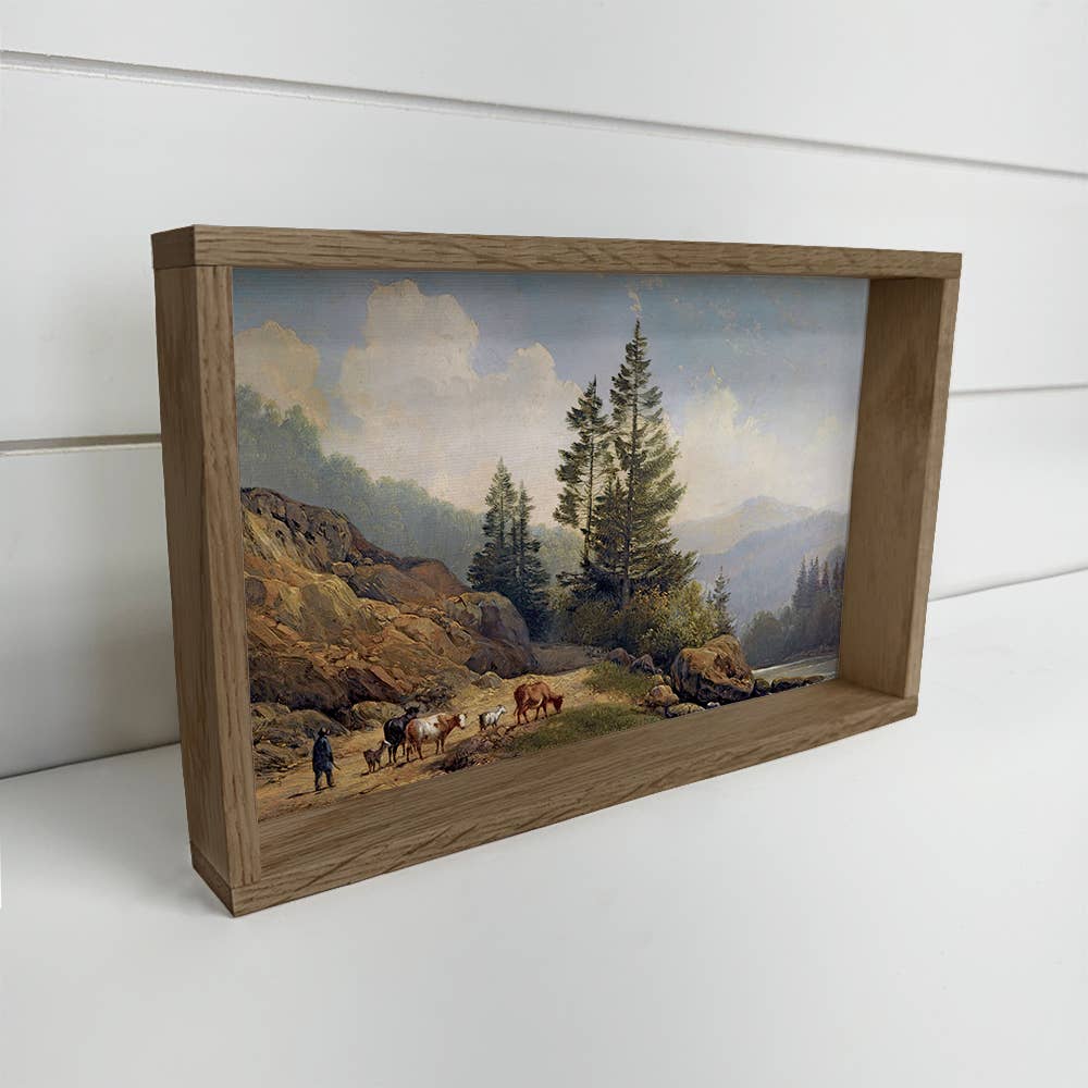Mountains Herdsman Cows & Goats - Nature Canvas Art - Framed