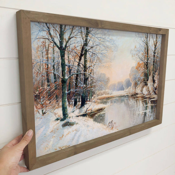 Winter River - Cabin Wall Decor - Framed Nature Canvas Art
