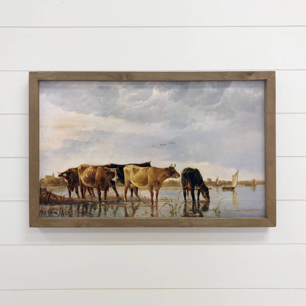 Vintage Cows in River Painting Canvas Print with Wood Frame