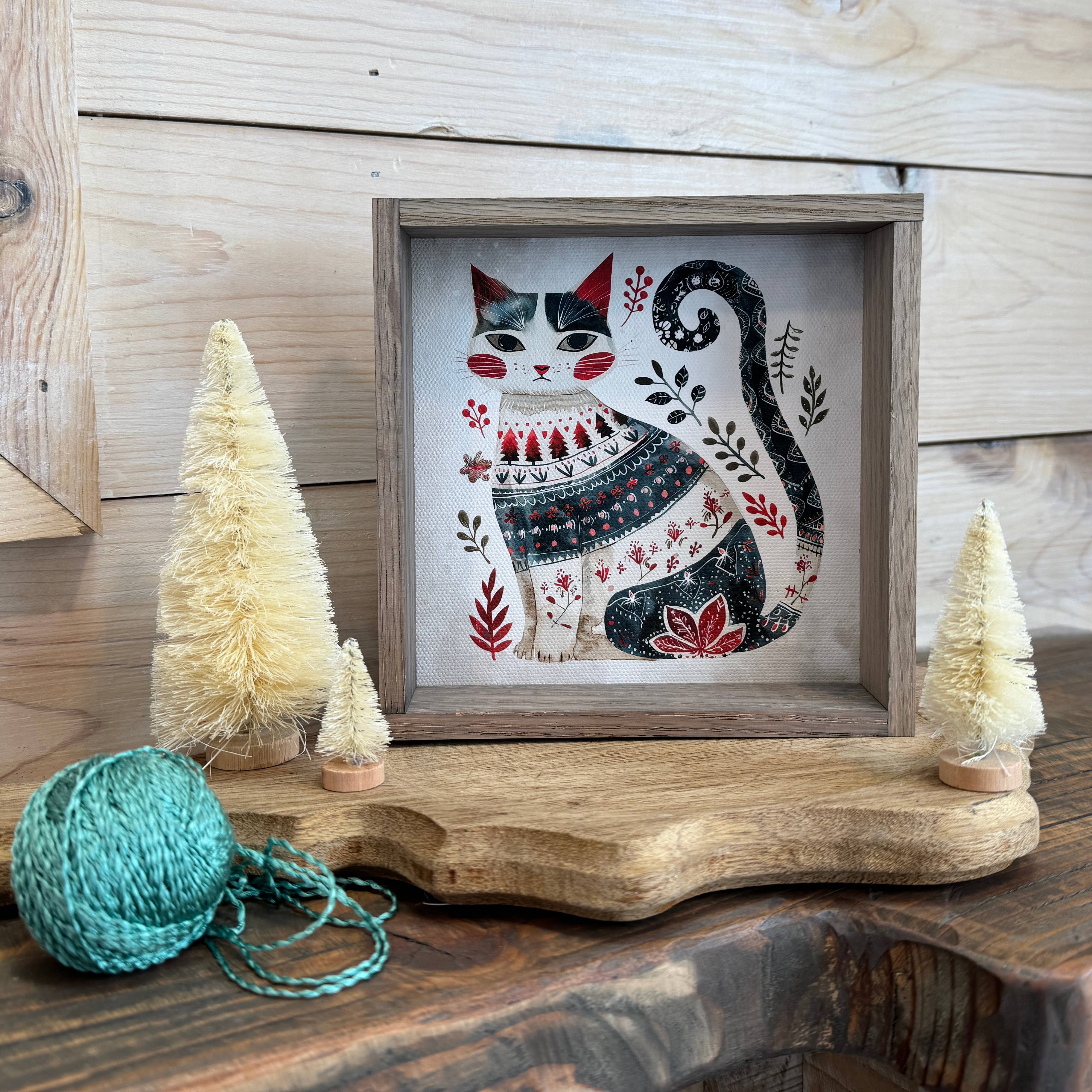 Scandi Watercolor Winter Cat - Winter Canvas Art - Framed