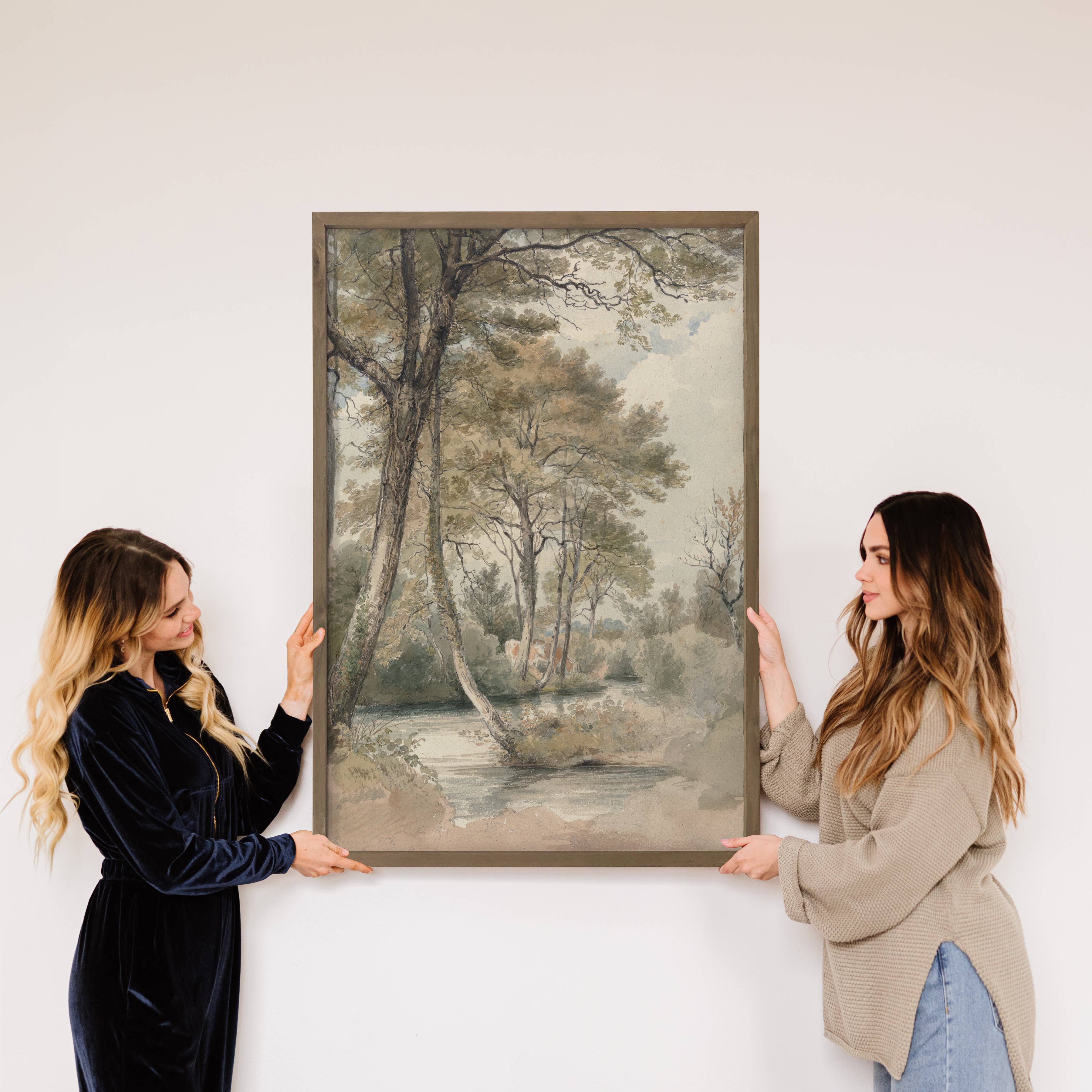 Vintage Tree Lined Stream - Framed Nature Wall Art - Cabin