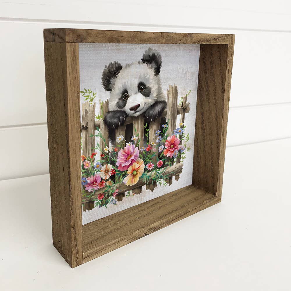 Panda Over Fence With Flowers - Panda Canvas Art - Framed
