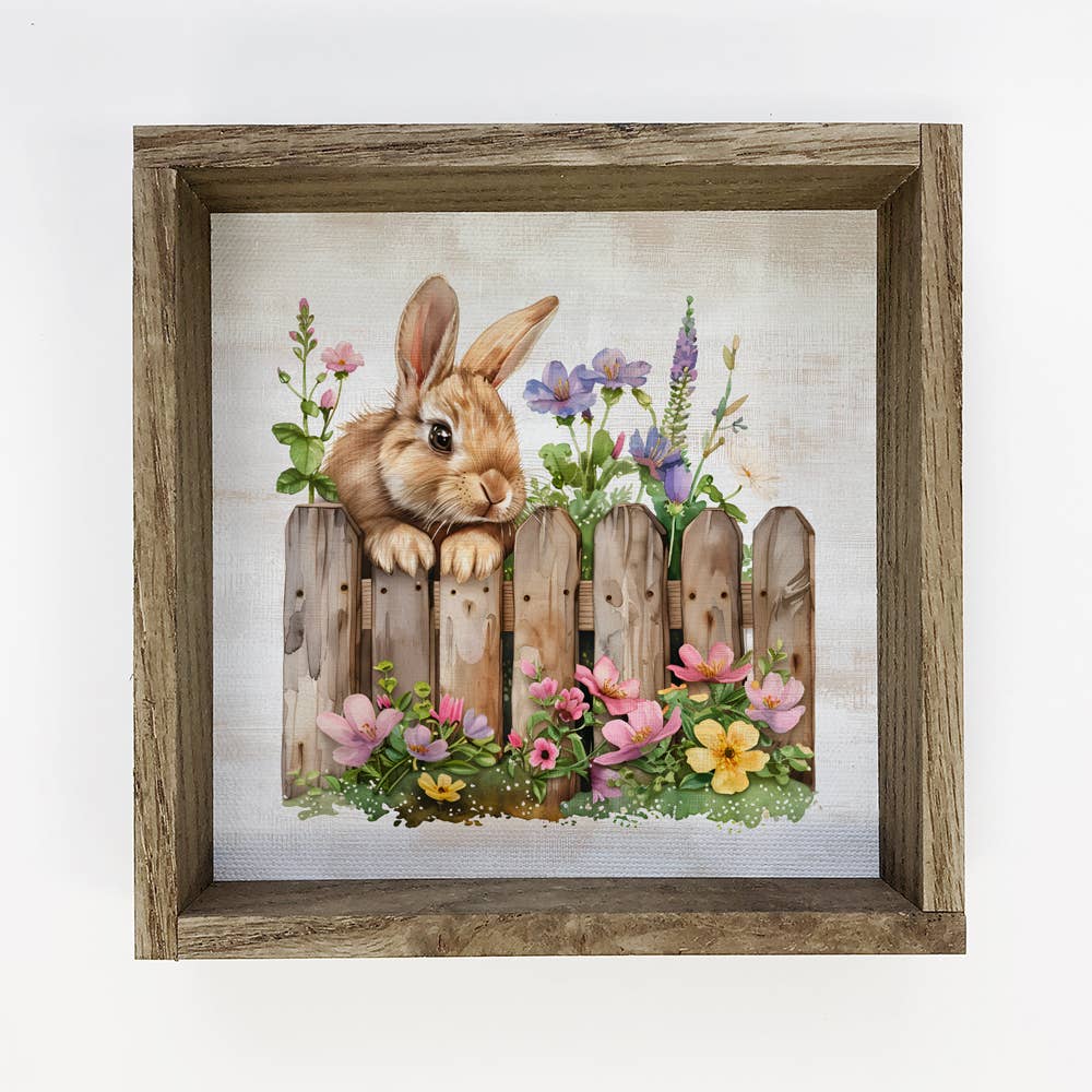 Bunny Over the Fence With Flowers - Bunny Canvas Art - Frame