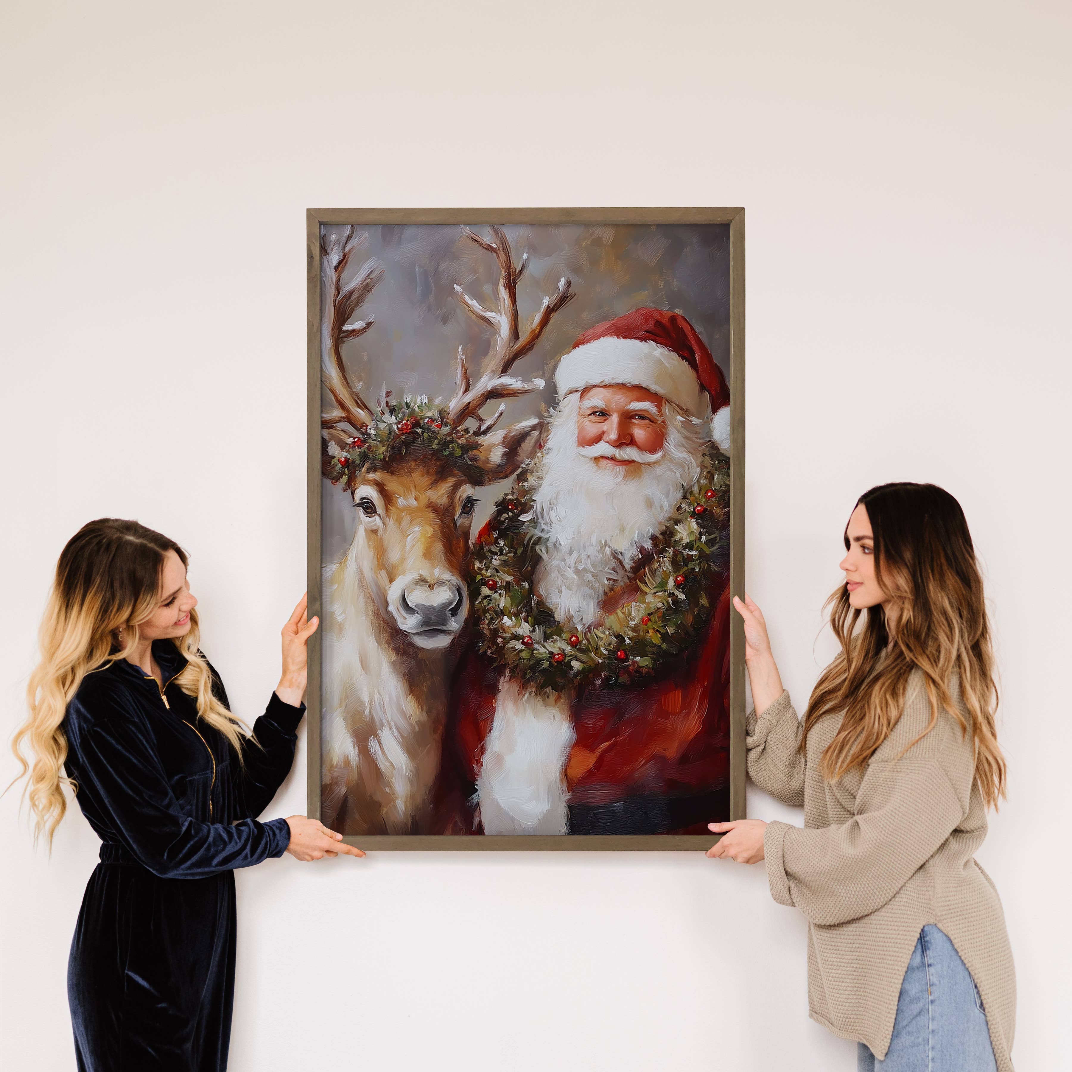 Santa Reindeer Portrait - Christmas Canvas Wall Art - Framed
