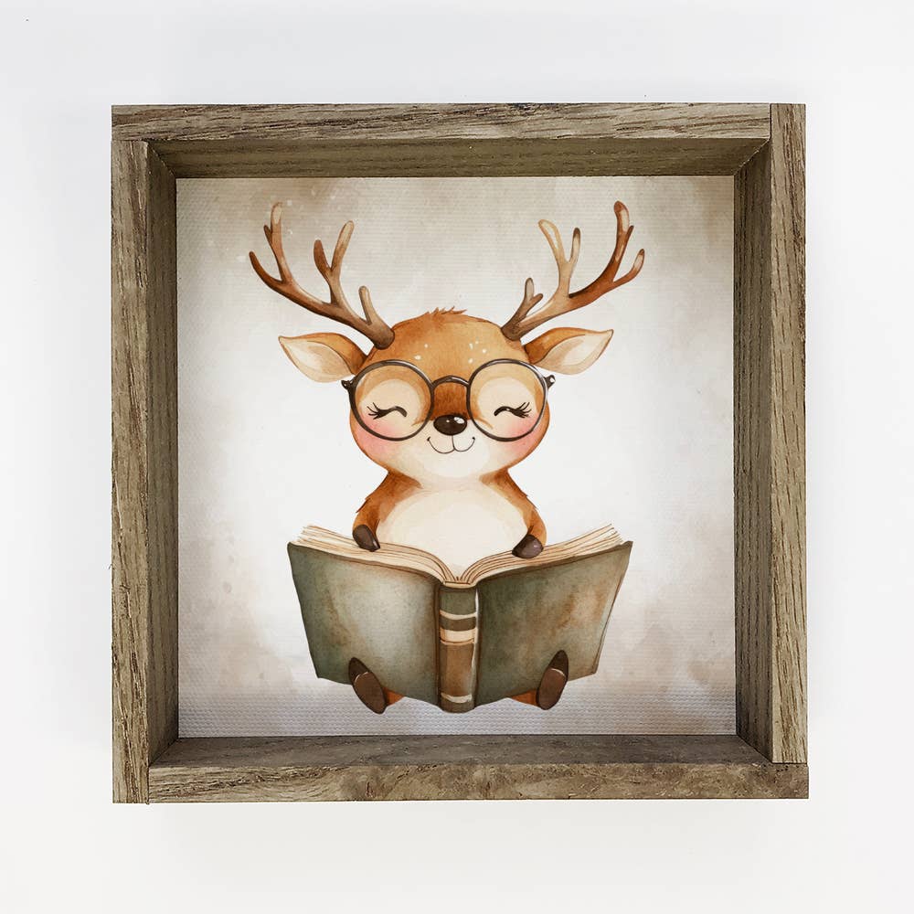 Deer Reading Book - Cute Deer Canvas Art - Wood Framed Art