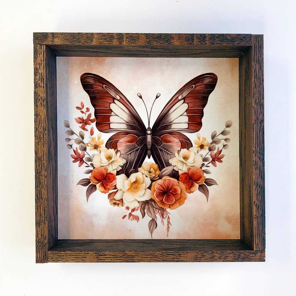 Butterfly Flowers Warm Orange - Butterfly Canvas Art - Frame