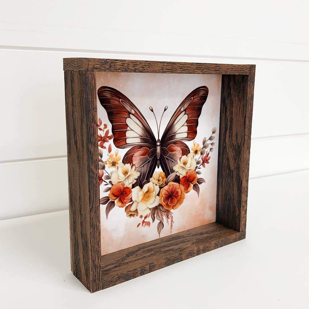 Butterfly Flowers Warm Orange - Butterfly Canvas Art - Frame