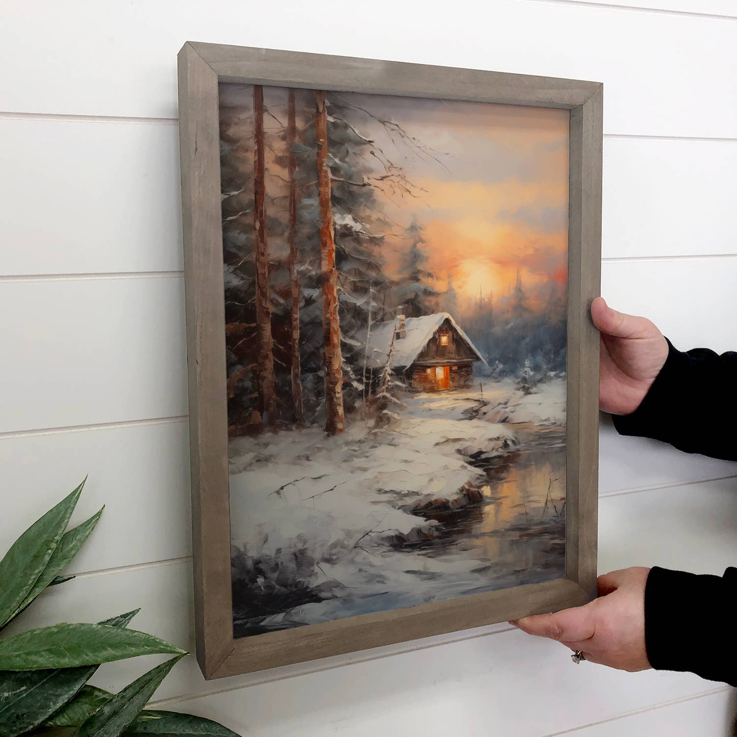 Winter Cabin on the River - Winter Canvas Art - Wood Framed
