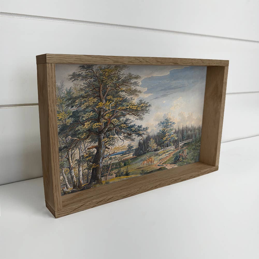 Woodland Landscape with Stag - Nature Canvas Art - Framed