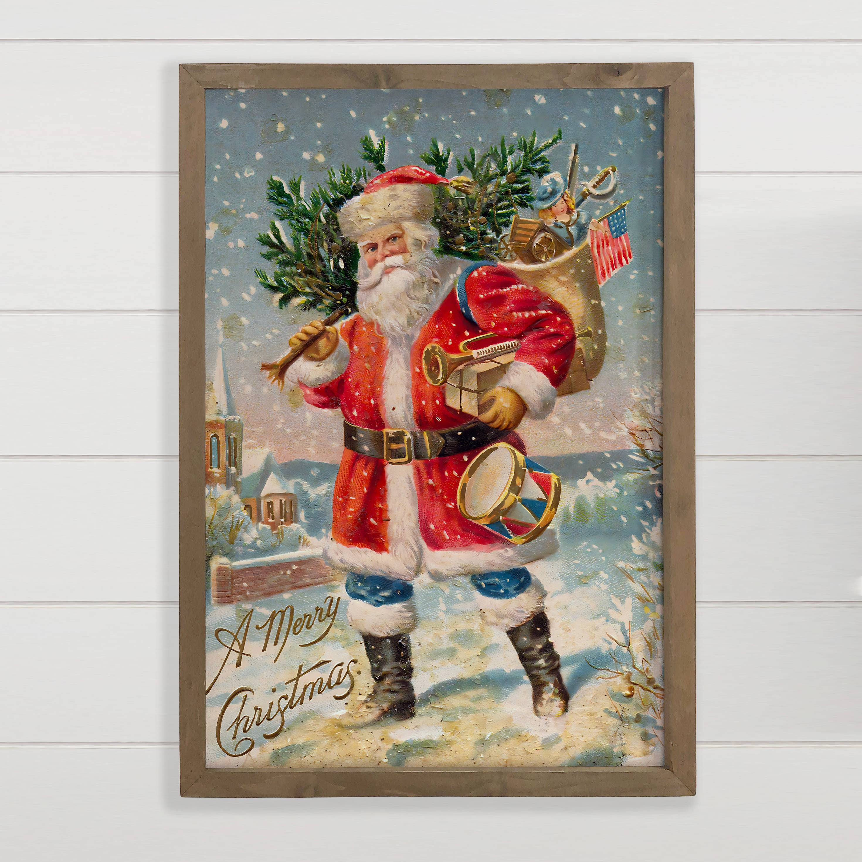 Santa Carrying Tree - Framed Holiday Canvas Art - Wall Art