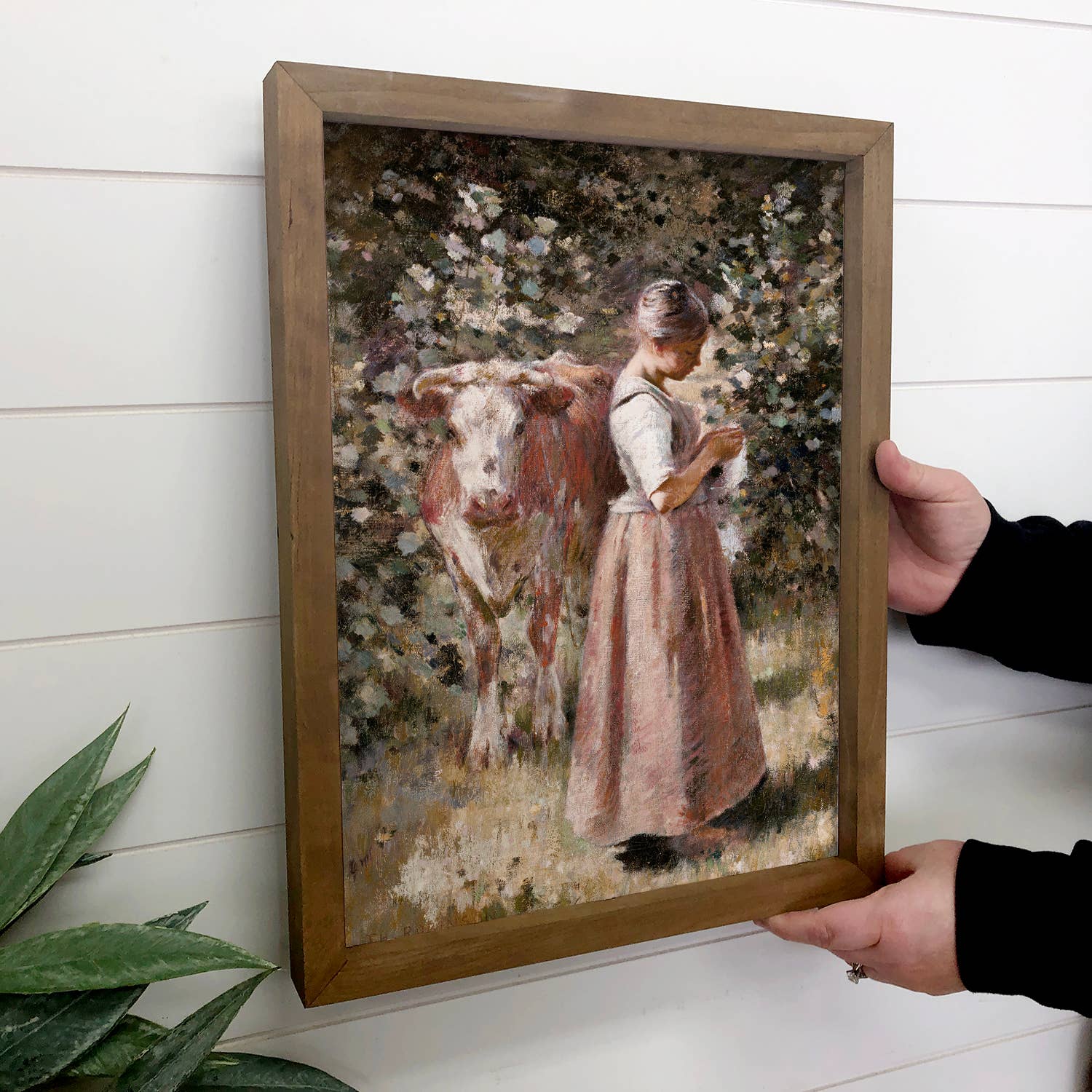 Milk Maid Girl and Cow - Farmhouse Canvas Art - Wood Framed