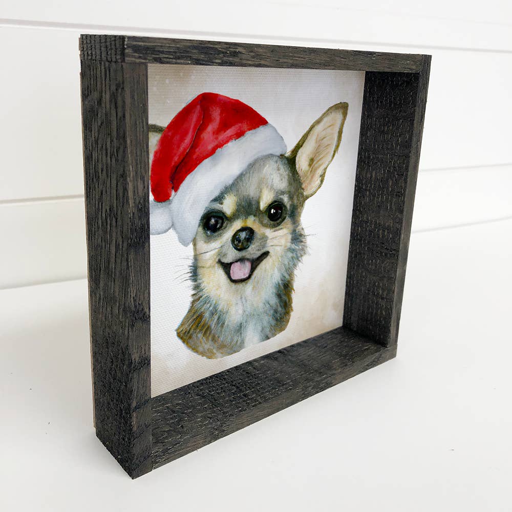 Chihuahua Dog in Santa Hat Christmas Small Canvas Wood Sign