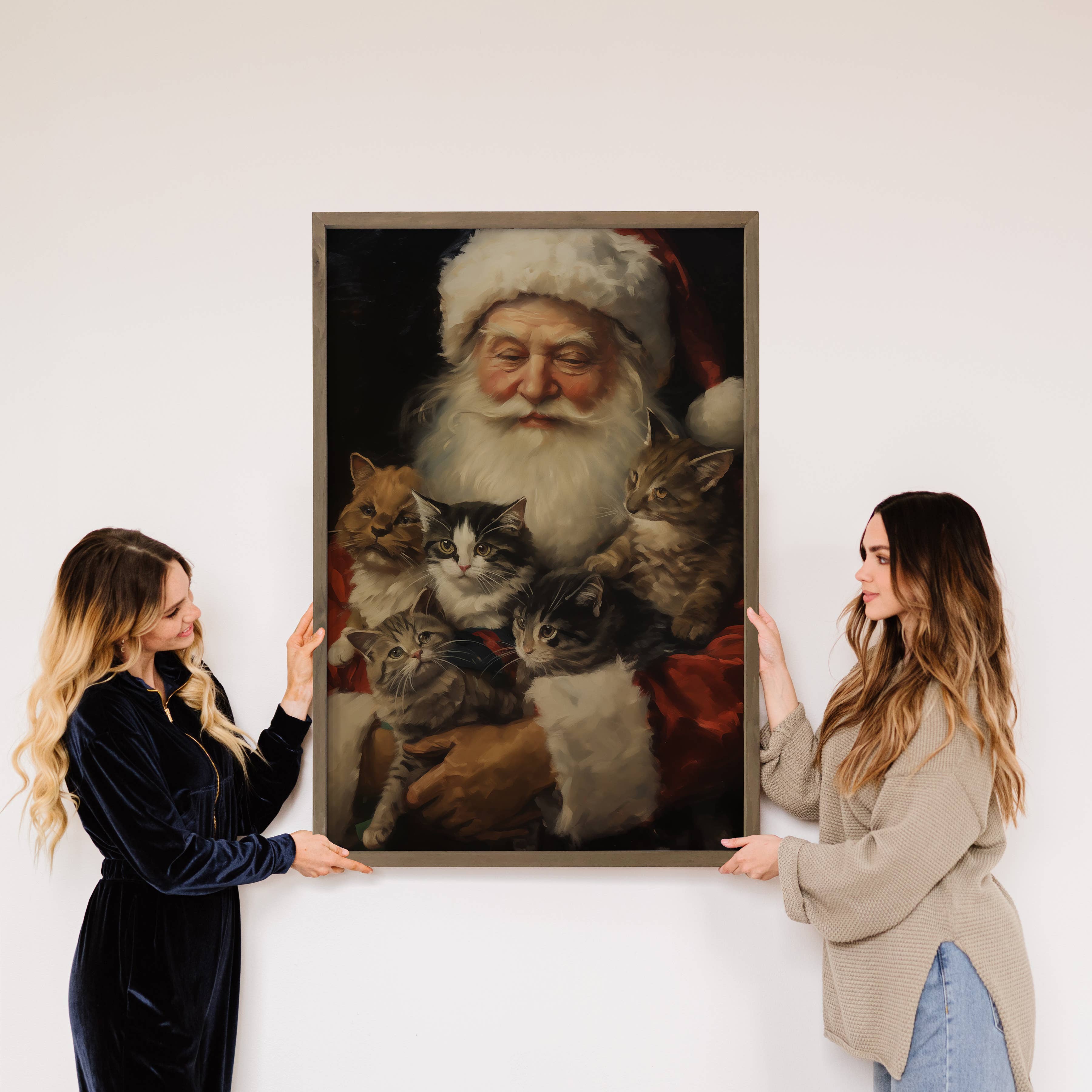 Santa Claus and Cats - Santa Canvas Art - Wood Framed Art