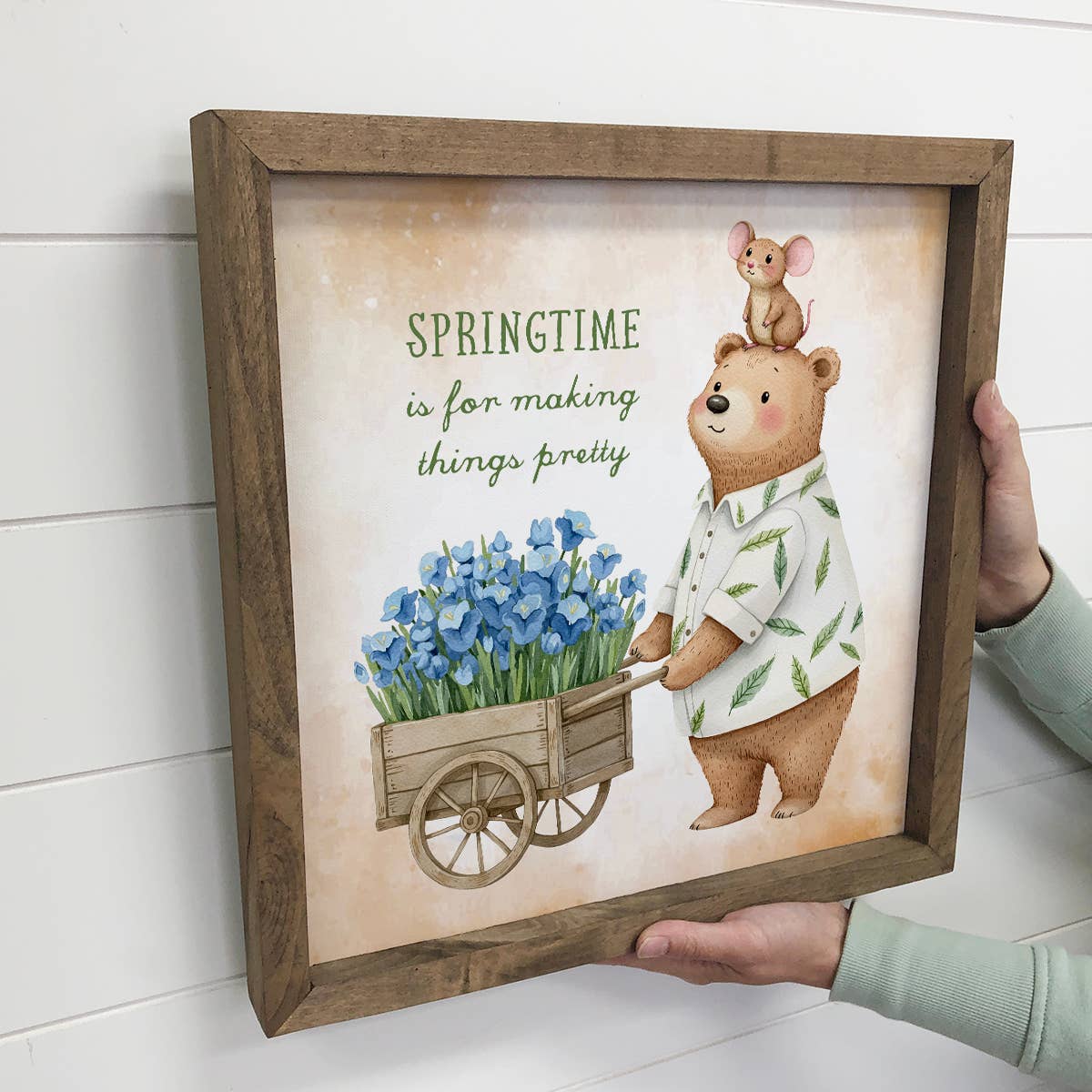 Springtime Bear Wheelbarrow - Cute Bear Canvas Art - Framed